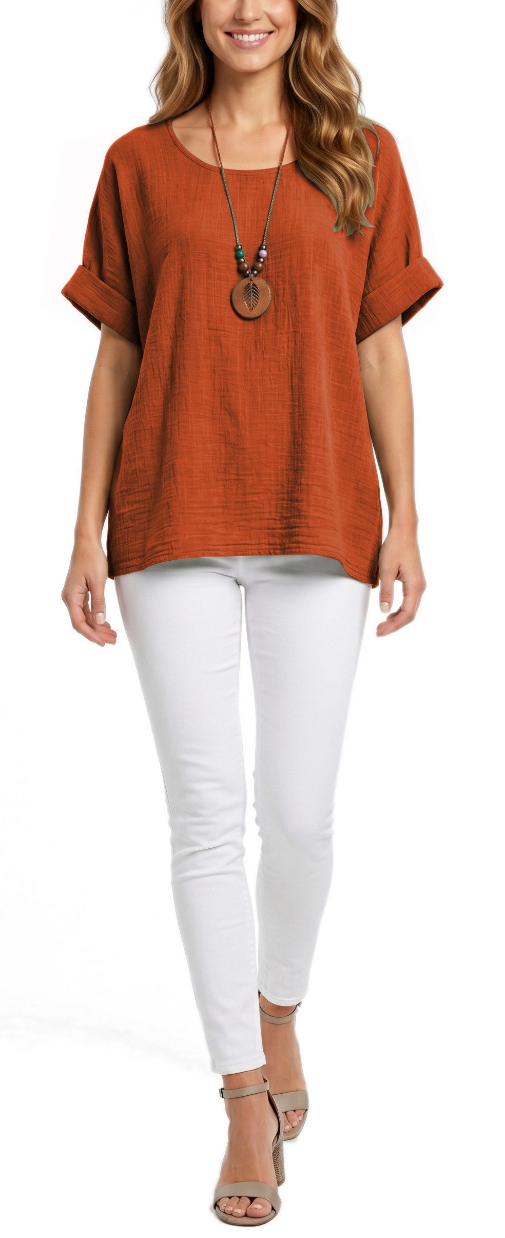 dy_mode Kurzarmbluse Damen Kurzarm Bluse Leichte Sommer Tunika Baumwollbluse Oberteil in Unifarbe, mit passende Kette