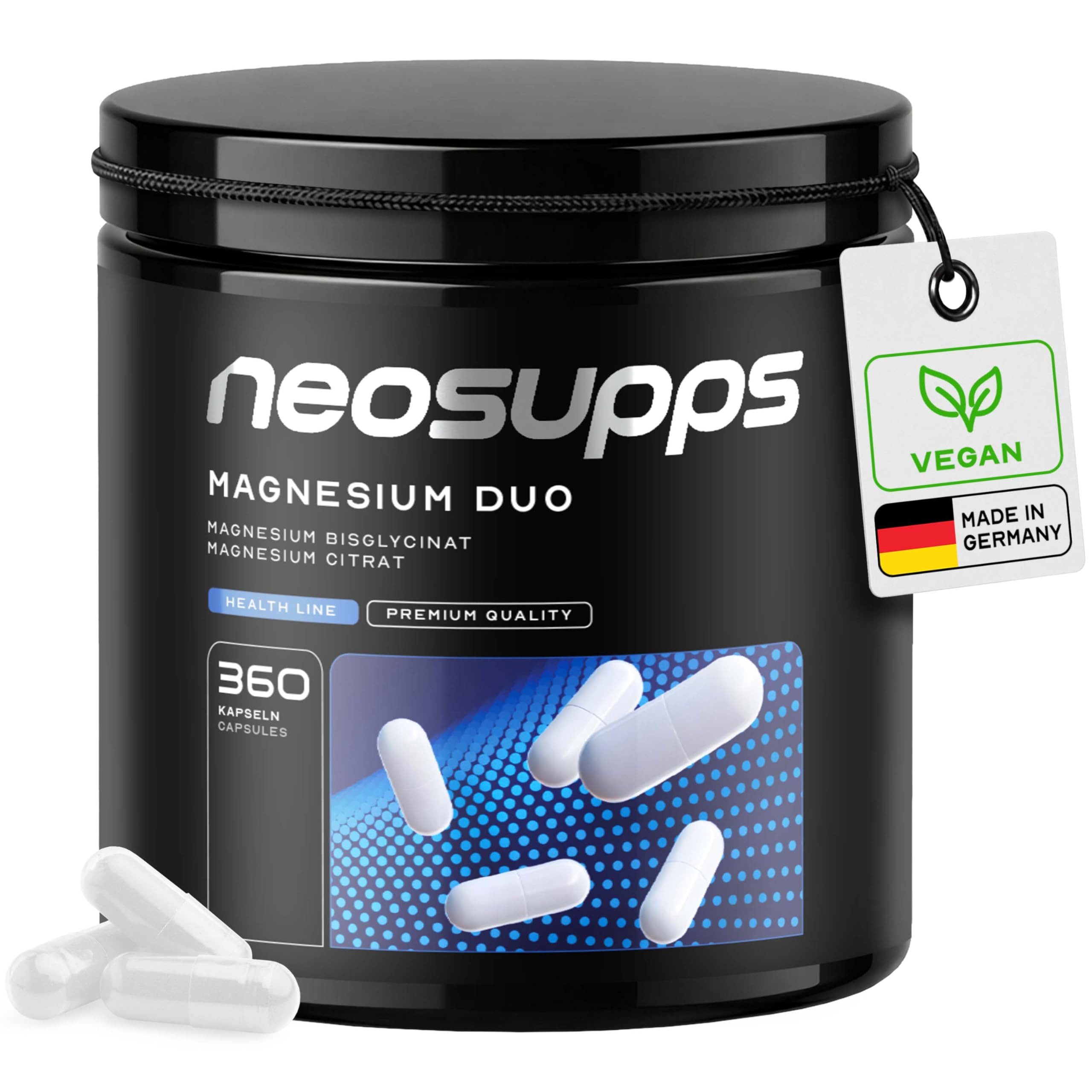 Neosupps Magnesium Duo 360 Kapseln, Bisglycinat Citrat Komplex, Vegan Kapsel, Unterstützt Muskelkontraktion, Nervensystem und Energiestoffwechsel