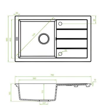 KOLMAN Küchenspüle Einzelbecken T.III Granitspüle, Rechteckig, 48/79 cm, Schwarz, Space Saving Siphon GRATIS