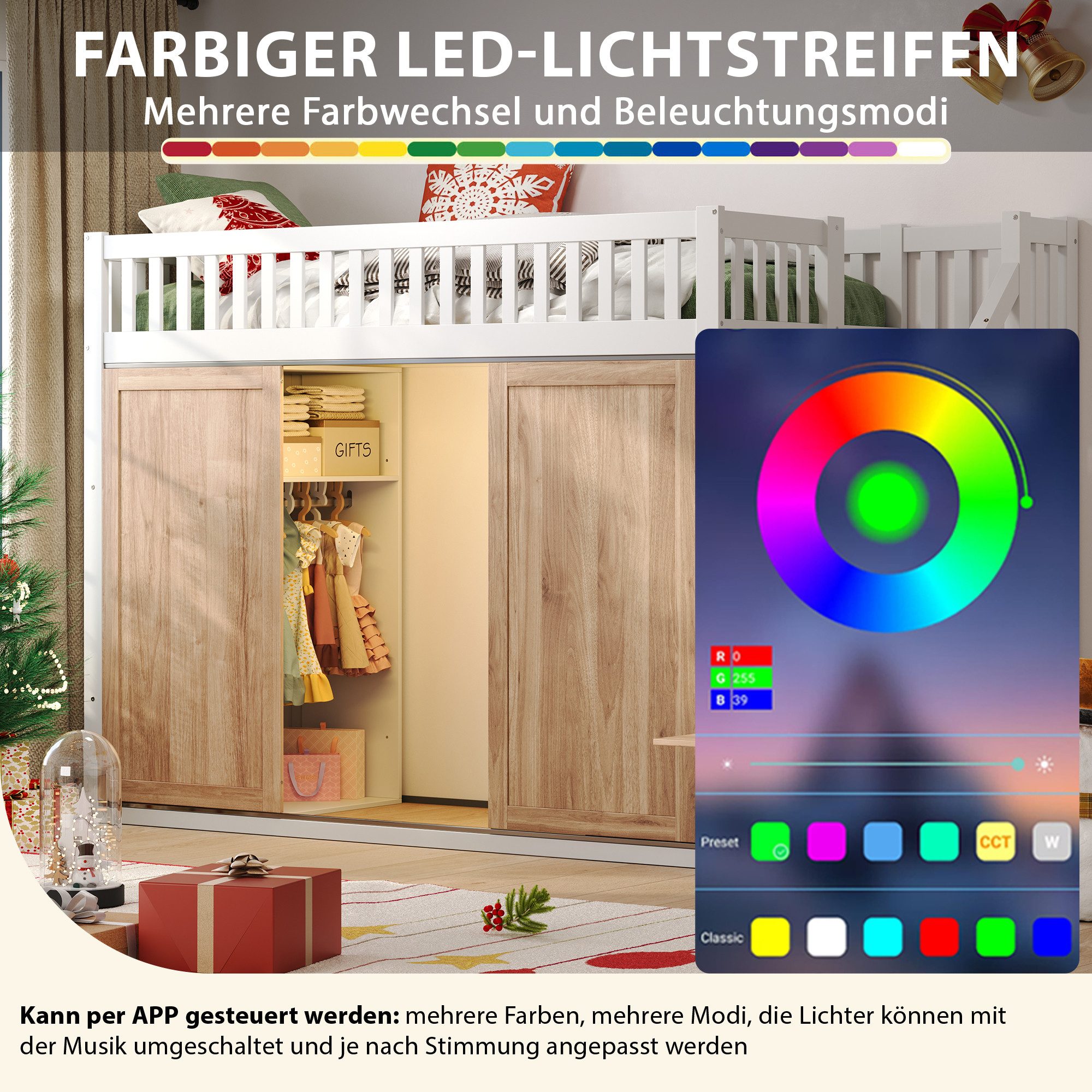 Flieks Hochbett Kinderbett 90x200cm mit LED-Beleuchtung Kleiderschrank Stauraumtreppe – Bild 4 von 5