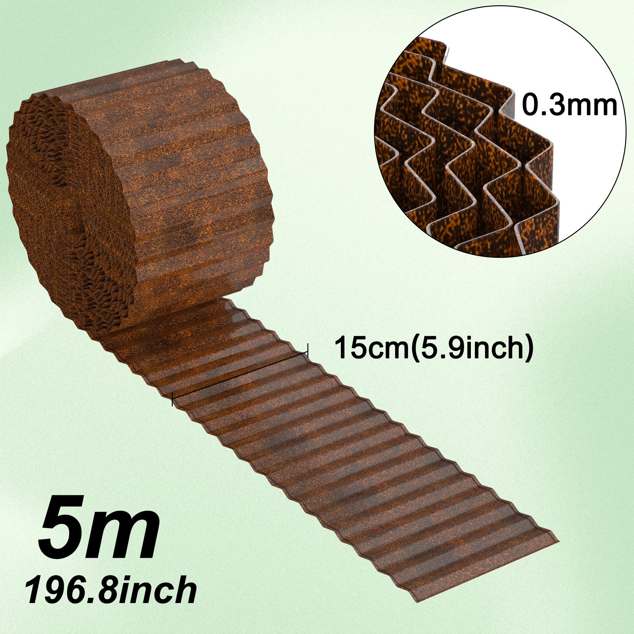 FIVMEN Rasenkante 5m/10m Beetbegrenzung aus Metall Beetumrandung Verzinkt, 15cm/18cm Hoch, Silber/Schwarz/Rost, Rasenbleche Mähkante Flexible Rasen Umrandung