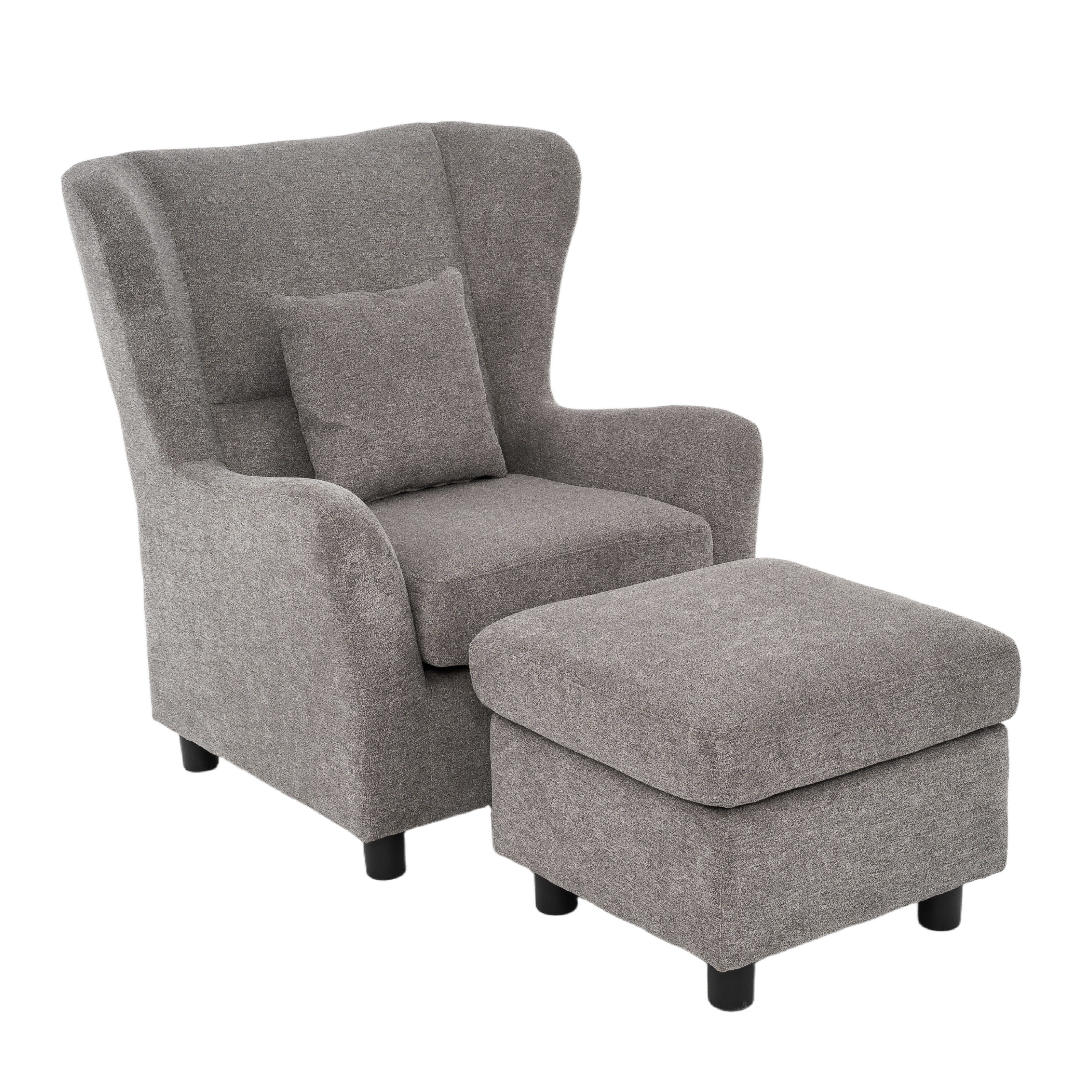 luma-home Ohrensessel 16146 (mit Hocker und Zierkissen, Polsterung mit Taschenfederkern, B89/H95/T79 cm), Lesesesel mit Echtholzfüßen, Bezug Mikrofaser in Hellgrau