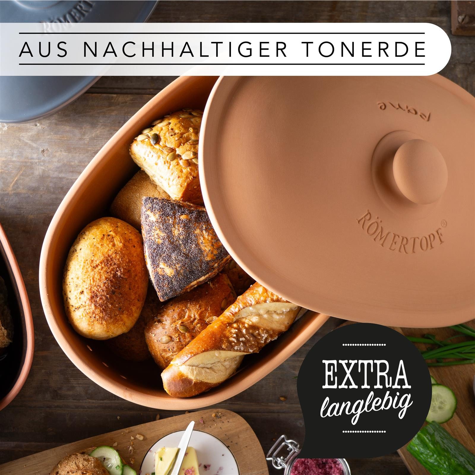 RÖMERTOPF Vorratsdose Brottopf oval MAXI 6,5 Liter - Keramik Brotkasten, (Set), aus Naturton
