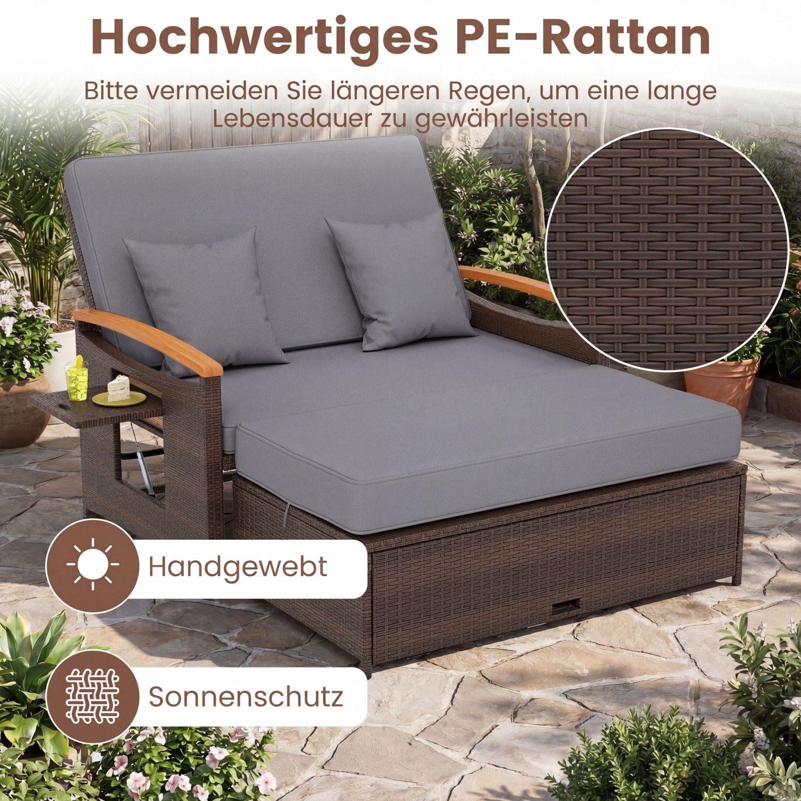 KOMFOTTEU Gartenliege 3 in1 Rattan Sofabett Doppelliege, mit ausziehbarer Seitenablage & Hocker