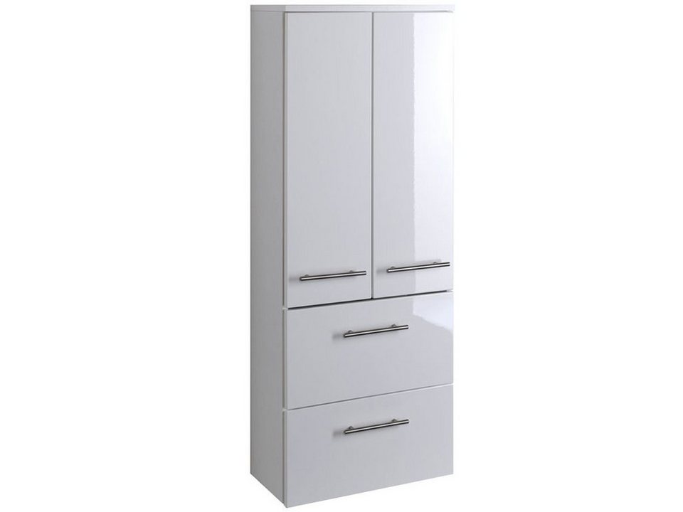 möbelando Midischrank Parma Flexibler Midischrank in Korpus weiß und Front  weiß/Hochglanz. 2 Drehtüren, 2 Schubkästen, 2 Einlegeböden, Metallgriffe,  MDF, Made in Germany. Breite 50 cm, Höhe 130 cm, Tiefe 27