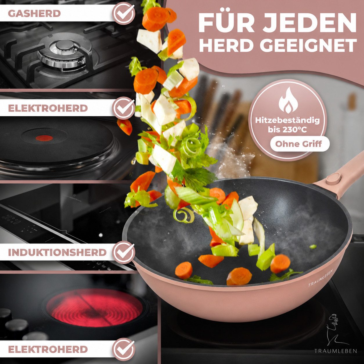 TRAUMLEBEN Wok 28 cm Wokpfanne mit Deckel, abnehmbarer Griff, Antihaftbeschichtung, aus Aluminium, für Induktion geeignet, backofenfest, hoher Rand – Bild 5 von 5