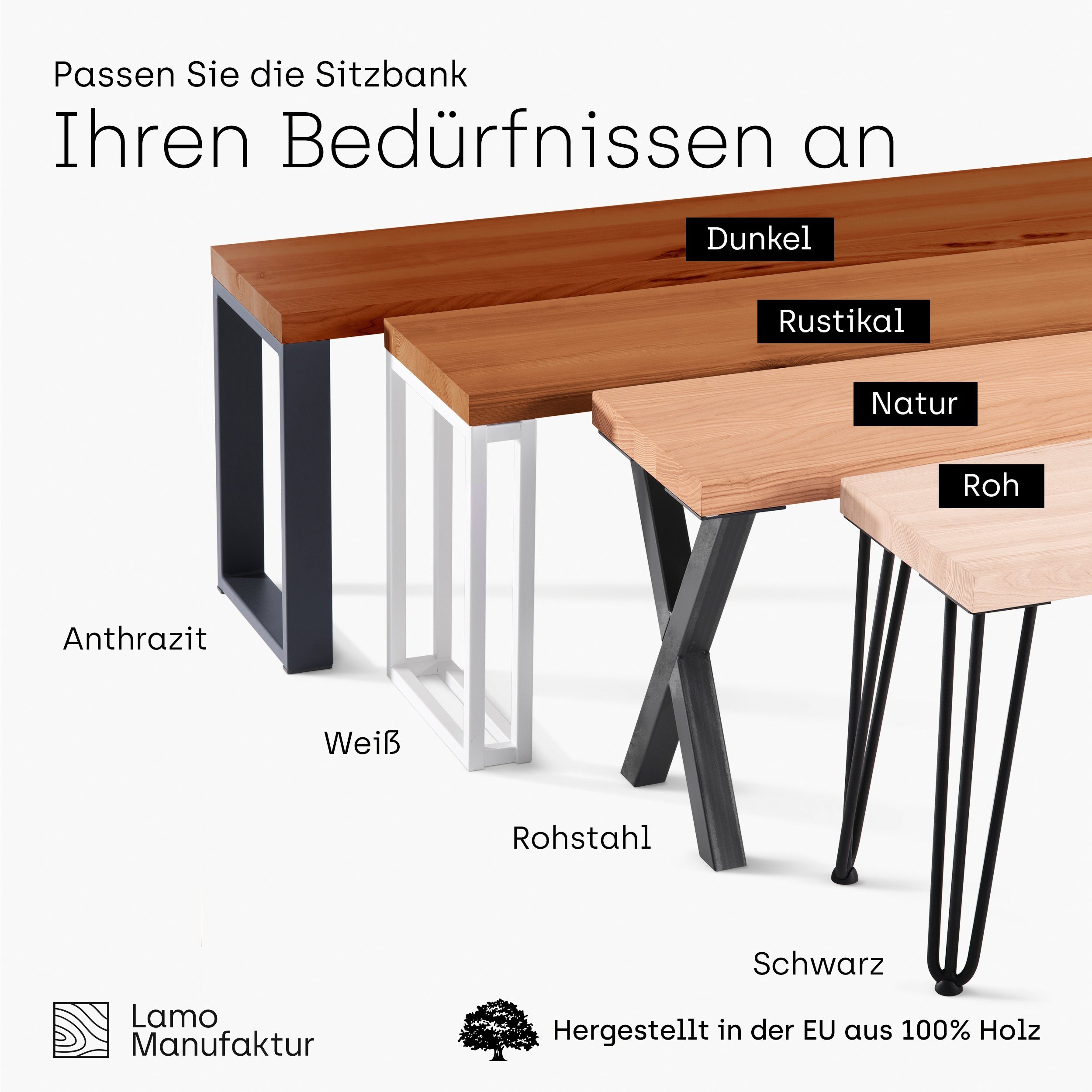 LAMO Manufaktur Essbank LSB Sitzbank | Massivholzplatte 40mm 3-Teilig), Dunkel stake (Komplett-Set, Weiss