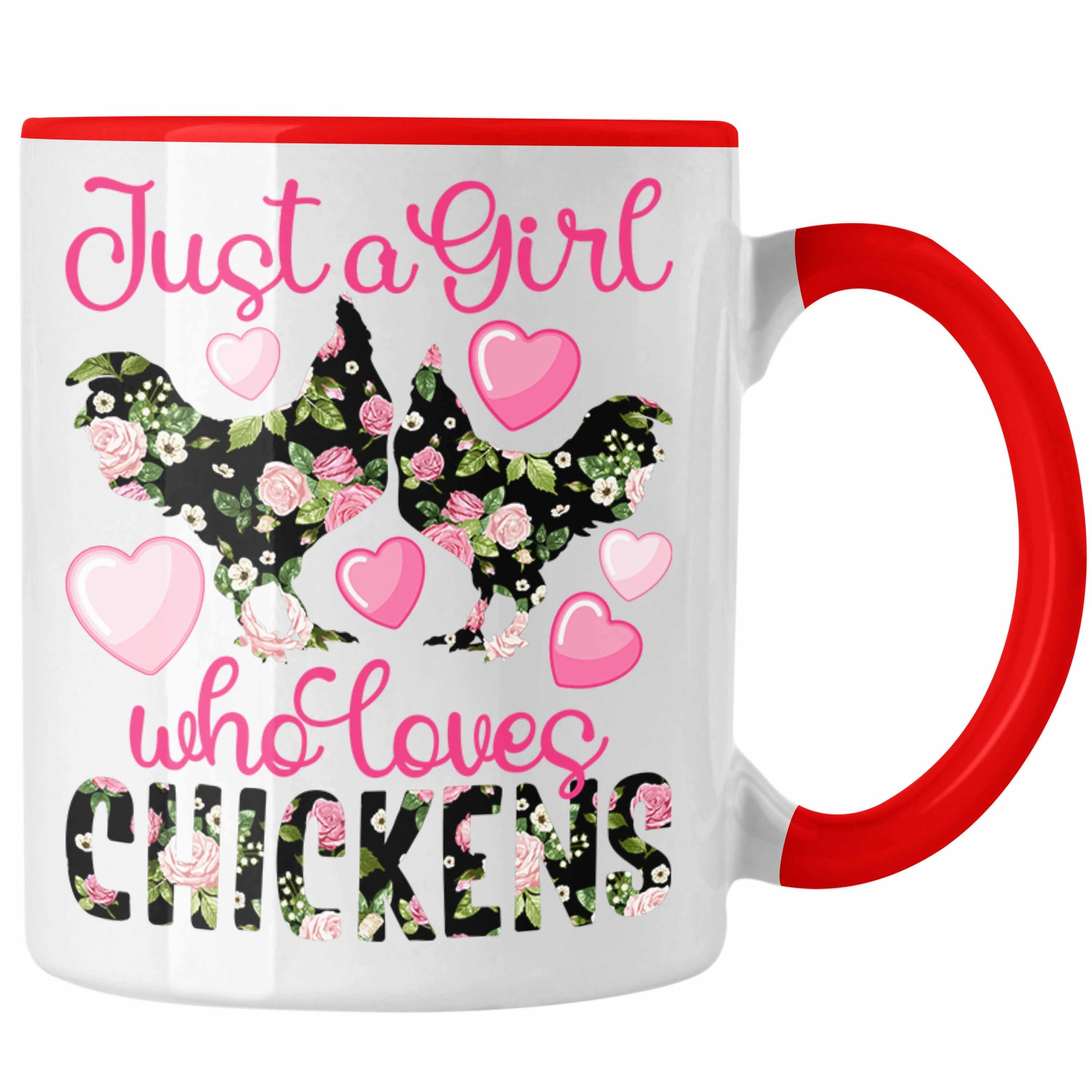 Trendation Tasse "Just A Girl Who Loves Chickens" Tasse Geschenk Hühner Liebhaberinnen Rot