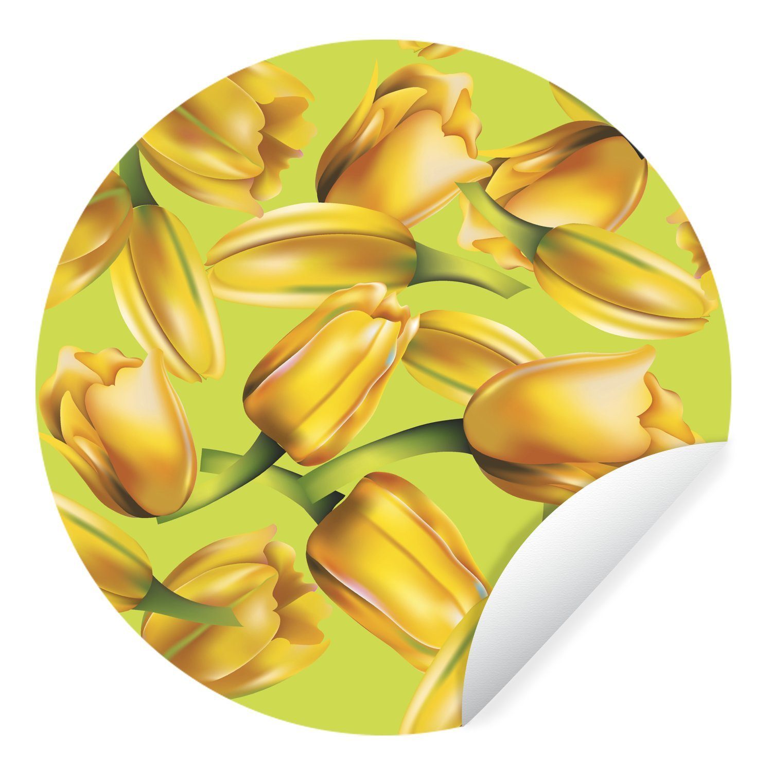 MuchoWow Wandsticker Eine Illustration von gelben Tulpen auf einem grünen Hintergrund (1 St), Tapetenkreis für Kinderzimmer, Tapetenaufkleber, Rund, Wohnzimmer