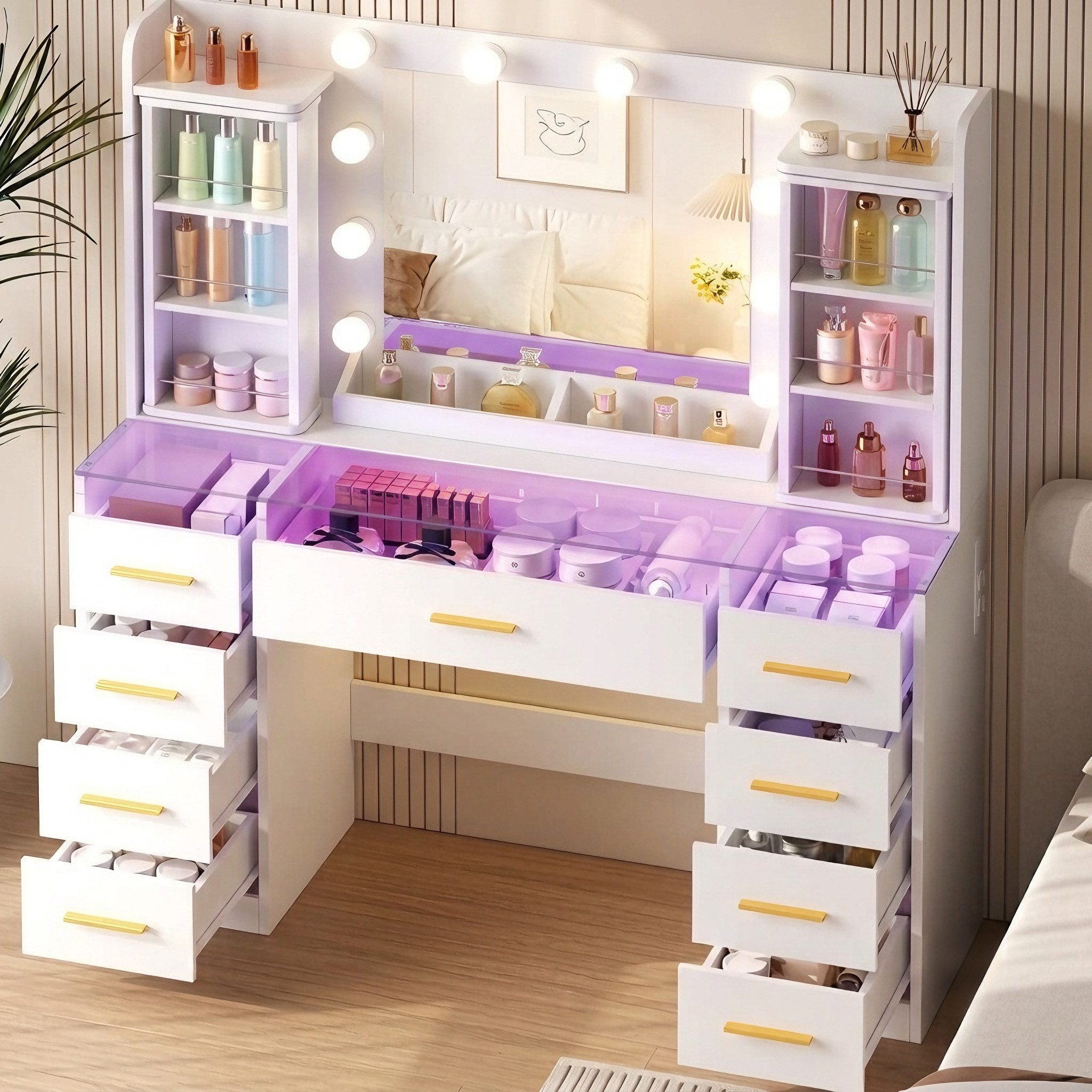 BEWISHOME Schminktisch mit beleuchtung,Steckdose und USB-Anschluss,weiß (1-St), Drehbare Aufbewahrungsbox