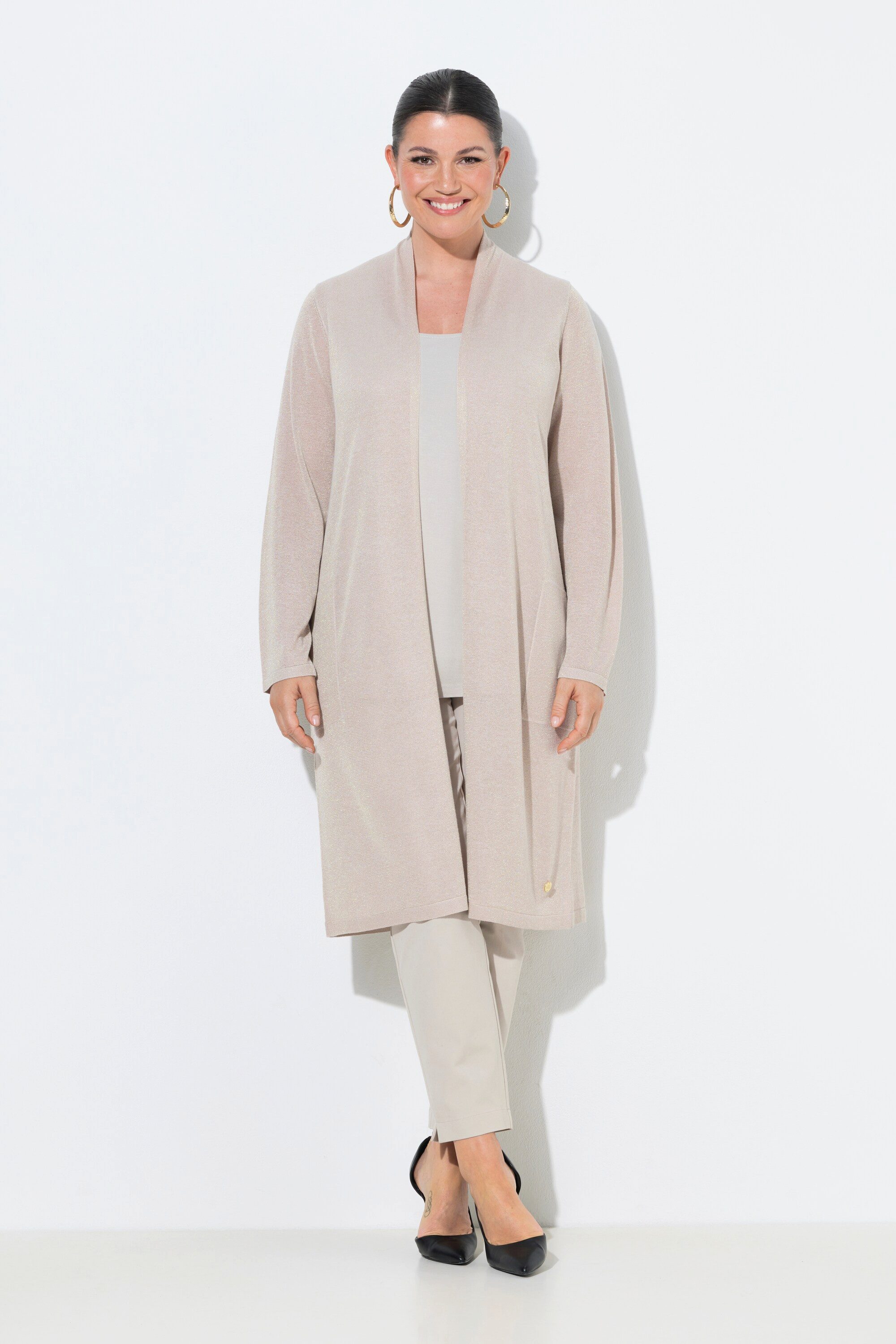 Ulla Popken Langjacke Long-Strickjacke offene Form V-Ausschnitt