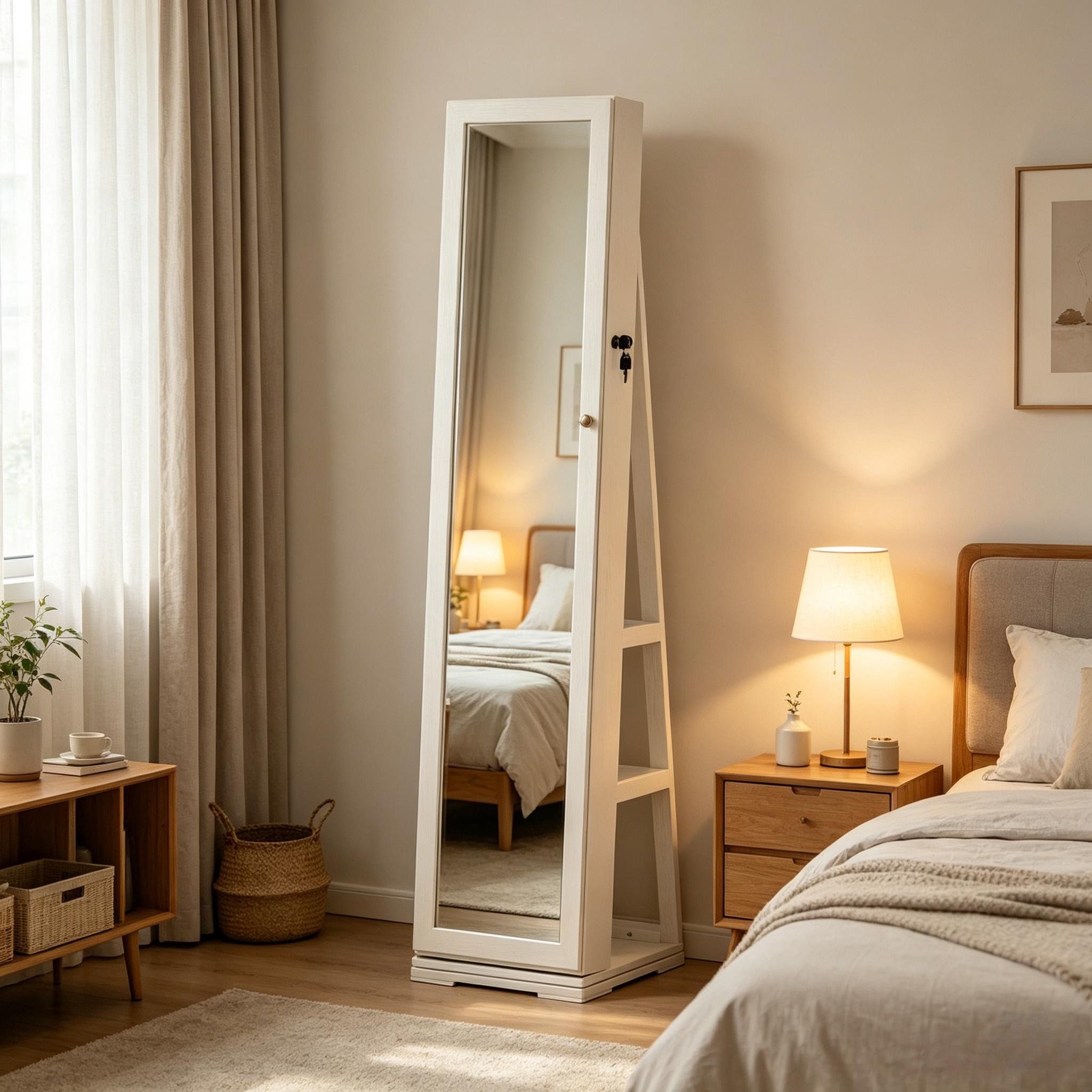 Odikalo Schmuckschrank Spiegelschrank Ganzkörperspiegel mit Regal & Stauraum (Platzsparender Drehspiegel mit verstecktem Stauraum 360°-Schwenkmechanismus für flexible Nutzung Mehrere Aufbewahrungszonen im Inneren) 38L x 38B x 160H cm