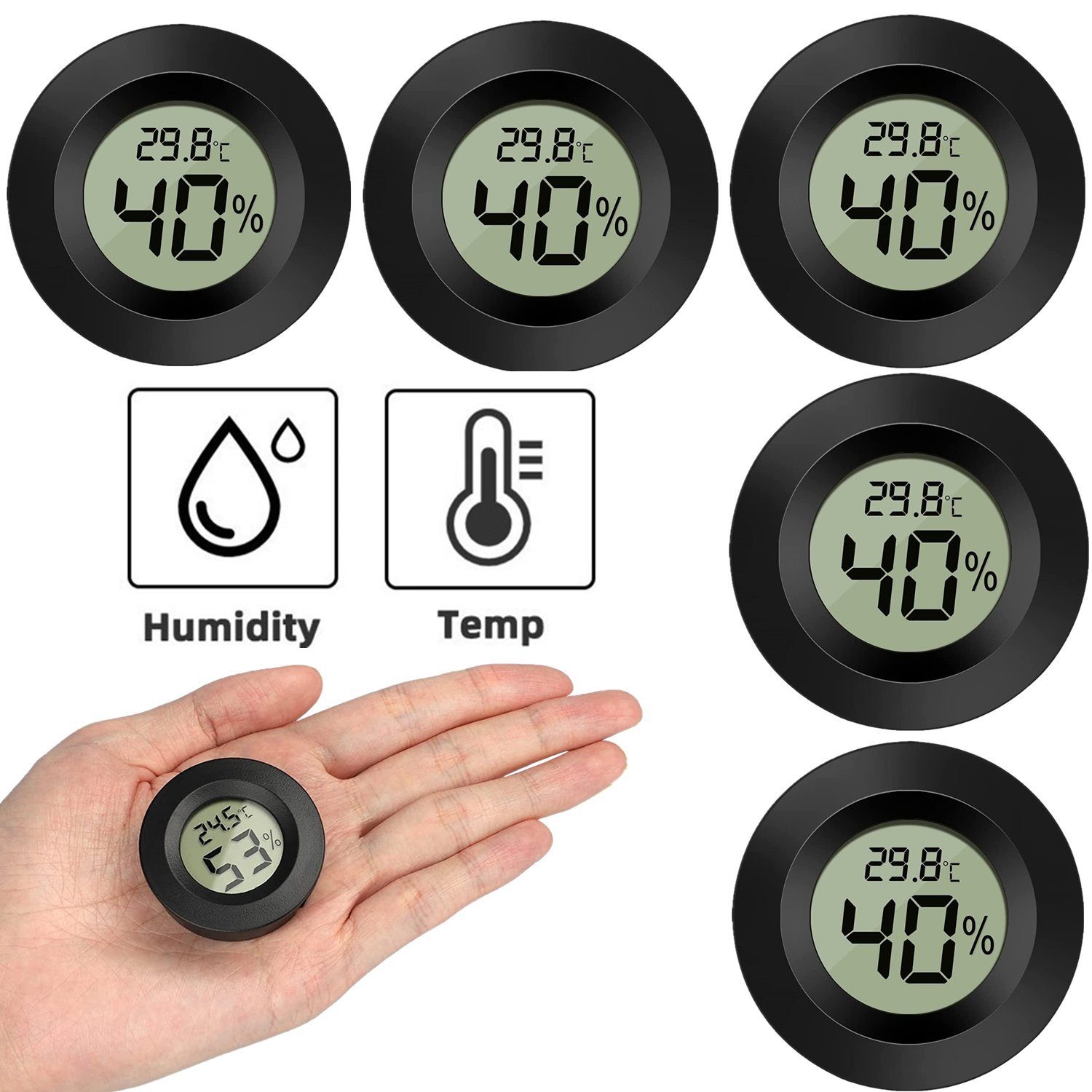 Olotos Hygrometer Digitales Thermo-Hygrometer Thermometer Temperatur Messgerät 5er-Set, Mini LCD für Kontrolle Innenraum Luftfeuchtigkeit Kühlschrank Schwarz