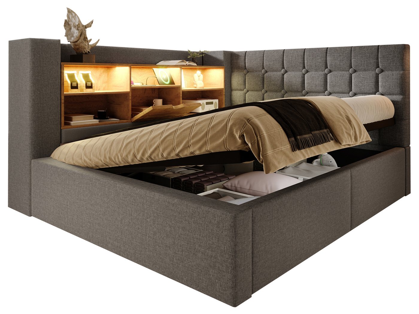 SeedWave Daybett Leinen-Polsterbett mit Stauraum, Lichtleiste&Ladefunktion 90/140×200cm, Tagesbett mit Hydraulik, Schutzgeländer beiderseits montierbar