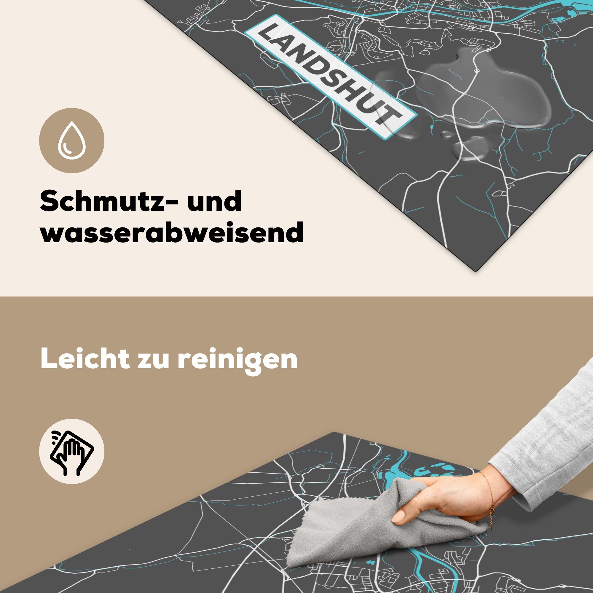 MuchoWow Herdblende-/Abdeckplatte Karte - Stadtplan tlg), (1 Landshut Ceranfeldabdeckung, - Deutschland Vinyl, - cm, Arbeitsplatte 78x78 für Blau, - küche