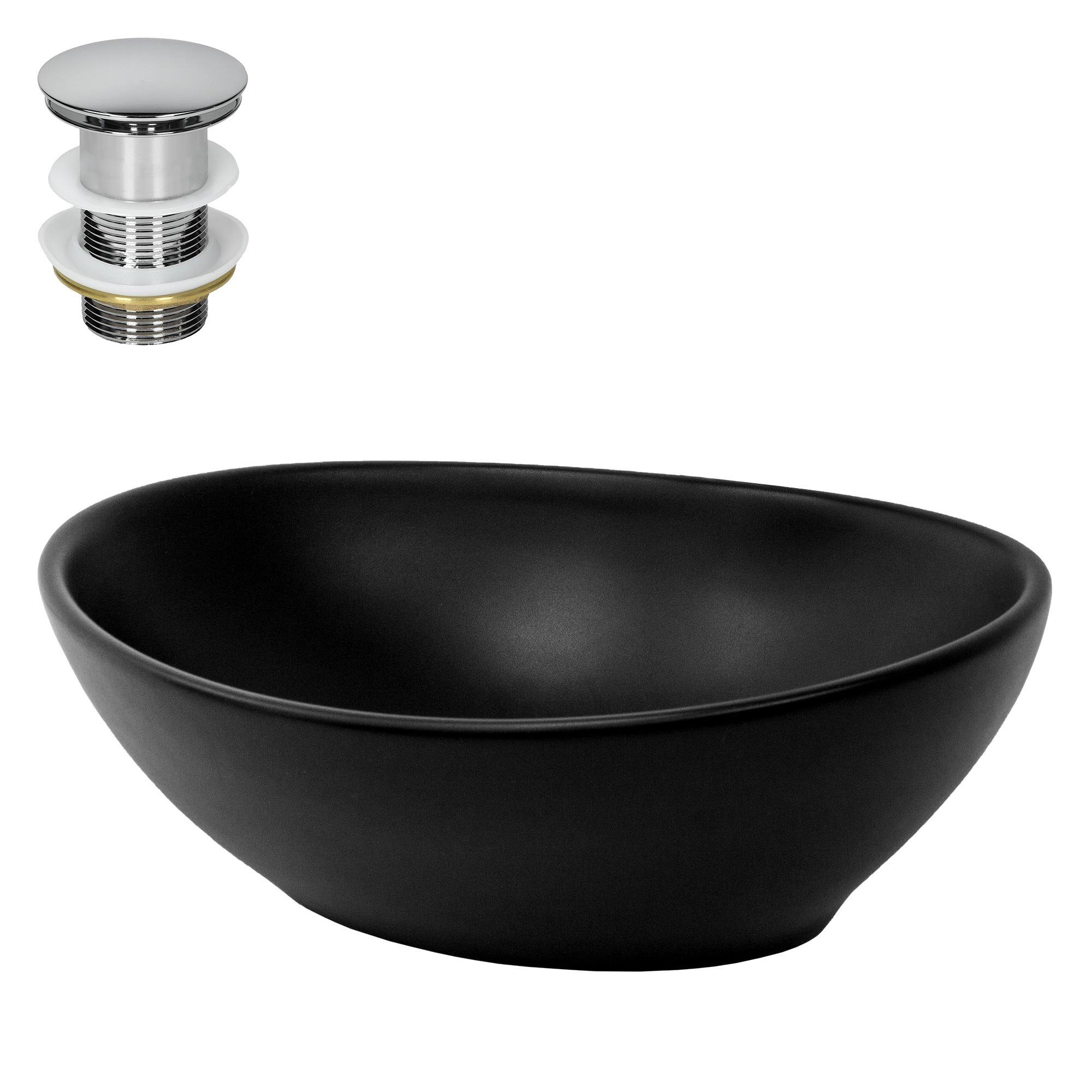 LuxeBath Waschbecken Aufsatzwaschbecken aus Keramik inkl Ablaufgarnitur moderne Waschschale, Handwaschbecken Schwarz inkl. Ablaufgarnitur mit Überlauf