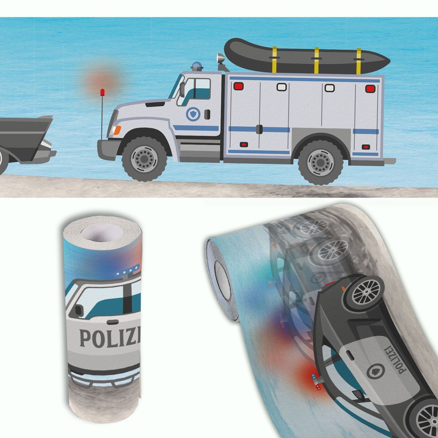 Sunnywall Bordüre Polizei (Bordüre - 400 cm), Auto, Polizei, (1 St), hochwertige 200 g/m² Vliestapete