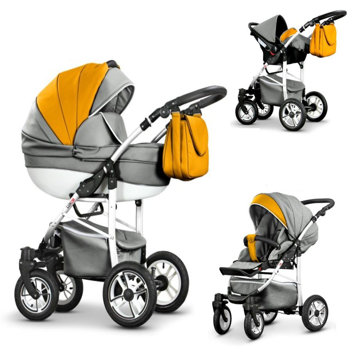 babies-on-wheels Kombi-Kinderwagen 3 in 1 Kinderwagen-Set Cosmo ECO - 16 Teile - in 29 Farben Grau-Orange | Kombikinderwagen