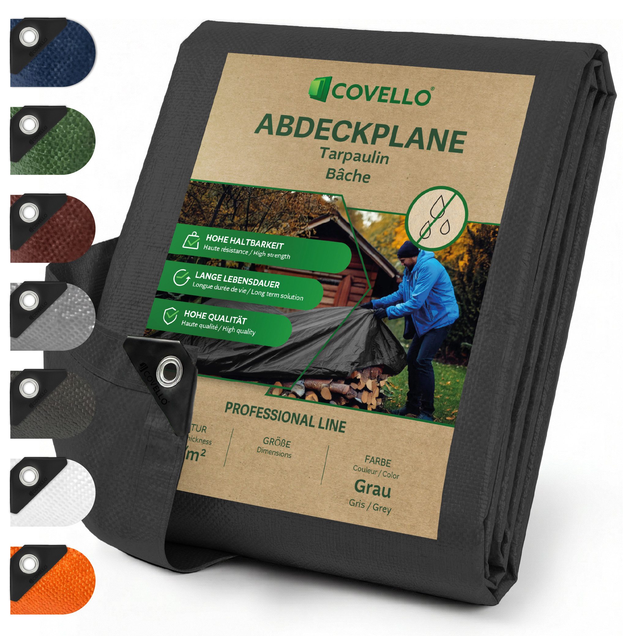 Covello Schutzplane 180g/m² grau, Abdeckplane mit Ösen wasserdicht, Plane UV-stabilisiert in vielen verschiedenen Farben & Größen