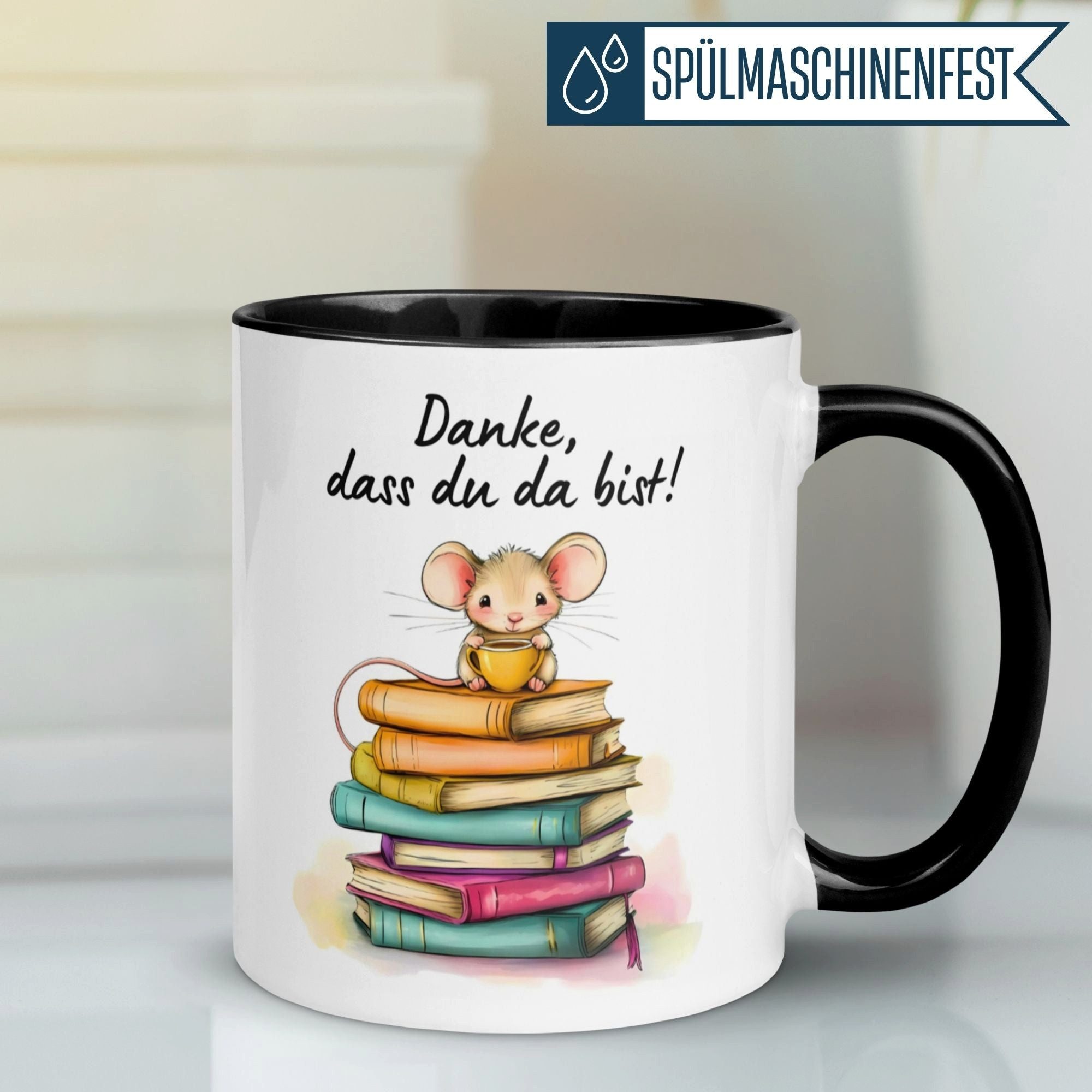 Momentals Tasse Danke – „Maus - Schön dass du da bist“ – Dankeschön Geschenke, Gratis Versand · Links-&Rechtshänder · Spülmaschinenfest