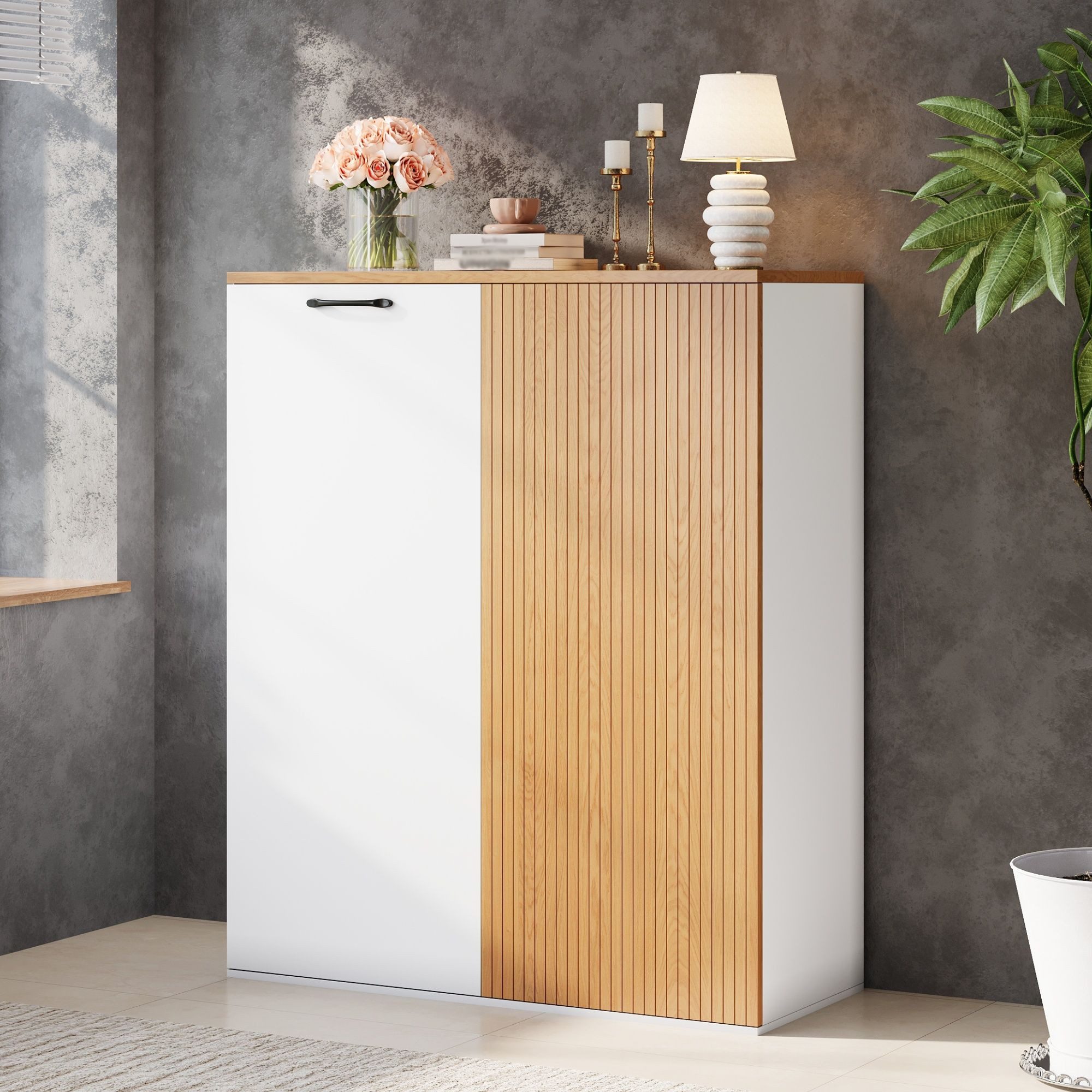 Merax Sideboard Aktenschrank 80 × 40 × 110 cm, Highboard Büroschrank (1 St., Kommode Stauraumschrank), mit Lamellenfront und …