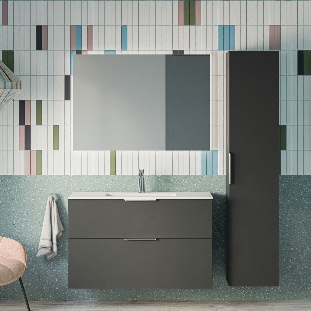 Bernstein Badmöbel-Set TIM 100 Anthrazit matt Griff Chrom Spiegel Eckig, Badmöbel Set 100cm Keramik Becken Hochschrank LED-Spiegel Soft-Close