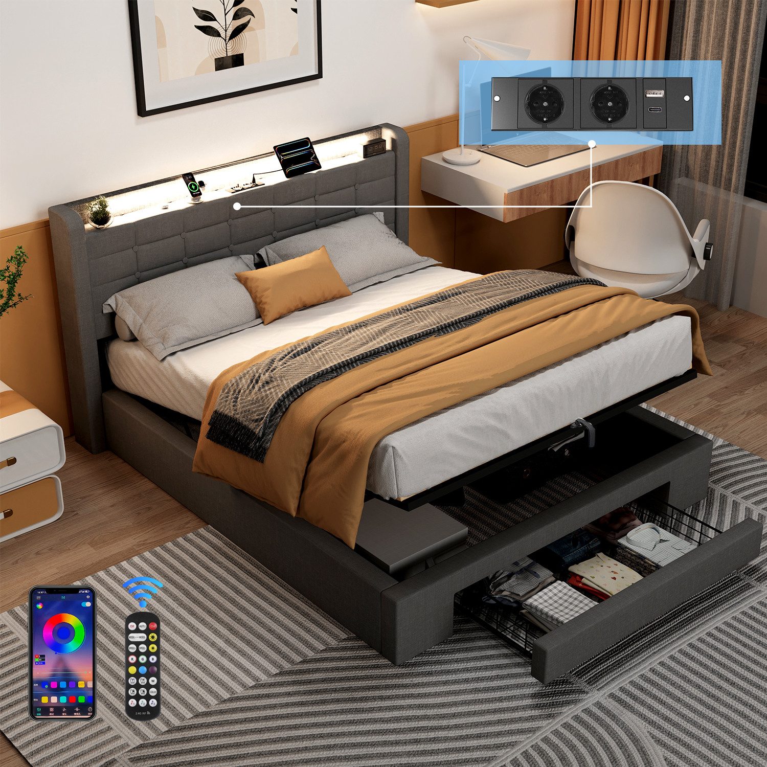 oyajia Stauraumbett LED Hydraulisches Doppelbett 140x200cm mit Ladefunktion günstig online kaufen