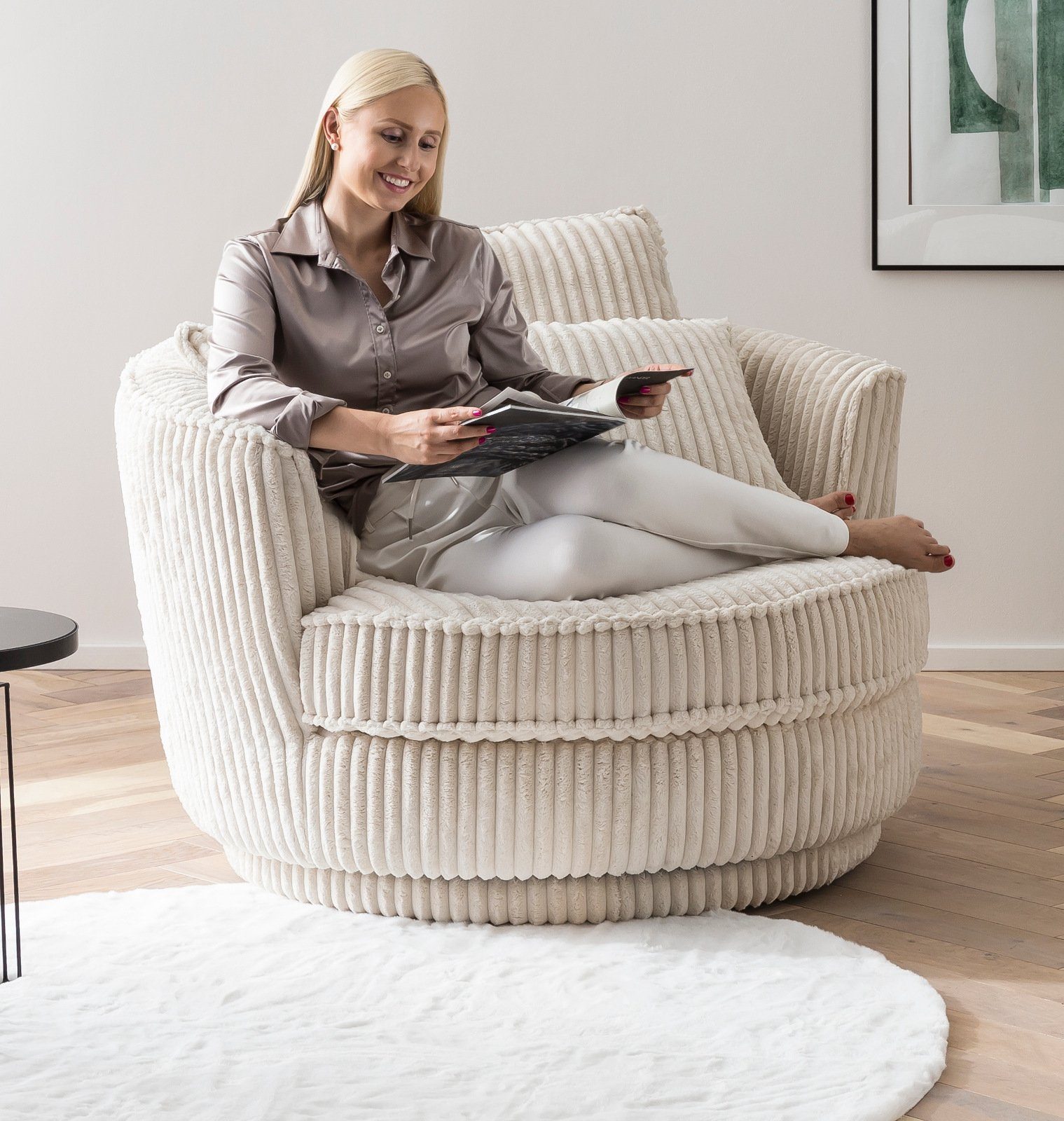Furn.Design XXL-Sessel Comfy in x cm), (Love Seat drehbar, Cord Federkern Bonell 120 120 Wollweiß