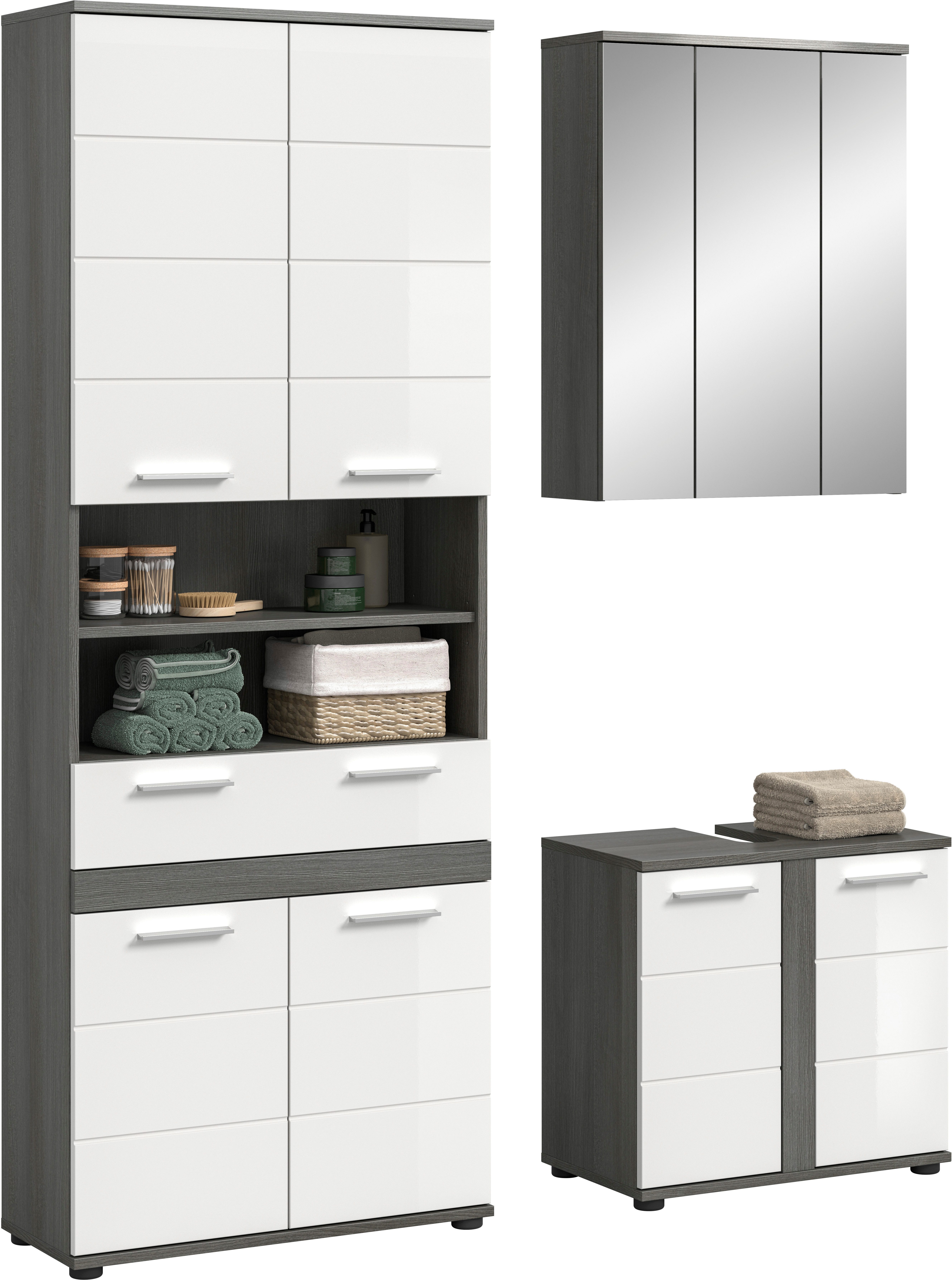 welltime Badmöbel-Set LUCCA, 3-tlg. Badkombination, viel Stauraum, modernes Design, (3-St., bestehend aus: Hochschrank, Waschbeckenunterschrank, Spiegelschrank), Bad-Kombination, Bad-Möbel, Badezimmer, Kombination, Kombi
