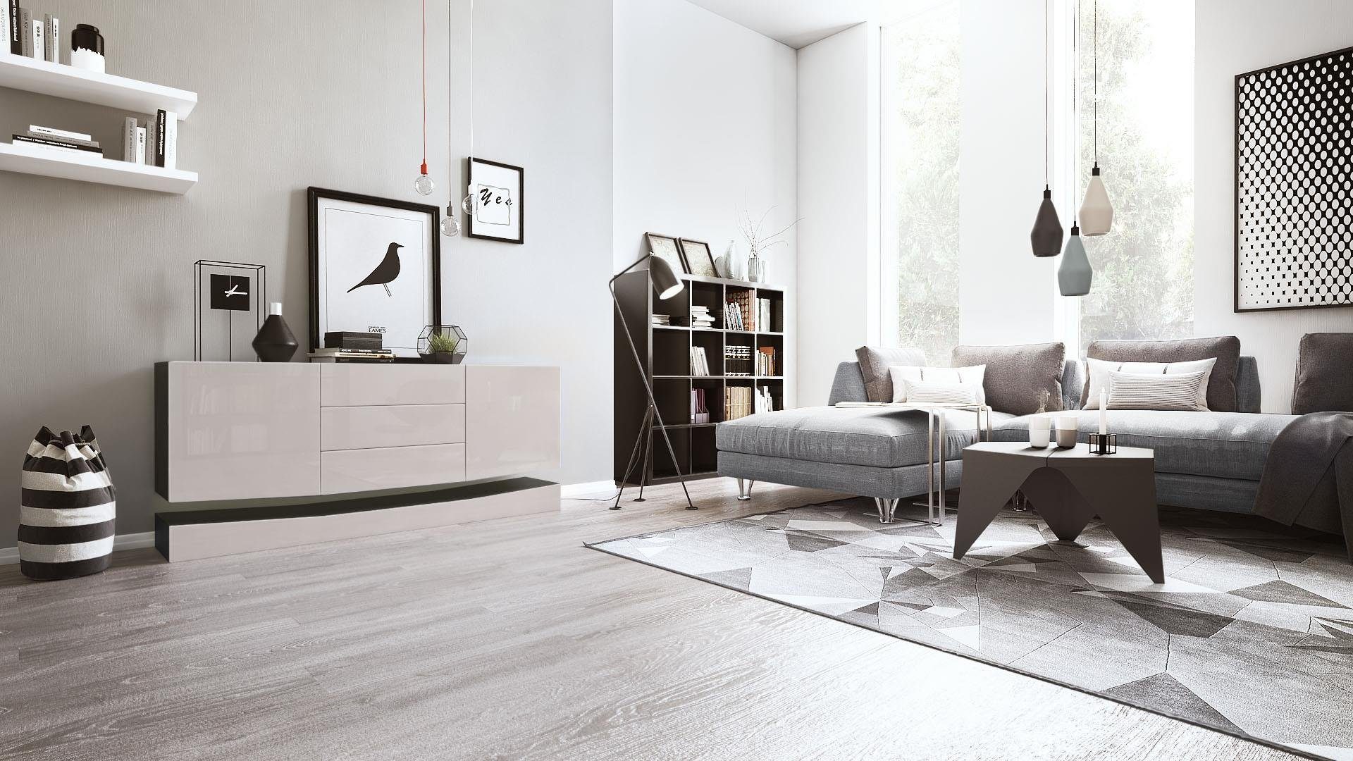Vladon Sideboard City (Kommode, mit 2 Türen und 3 Schubladen), Schwarz matt/Sandgrau Hochglanz (178 x 72 x 38 cm)