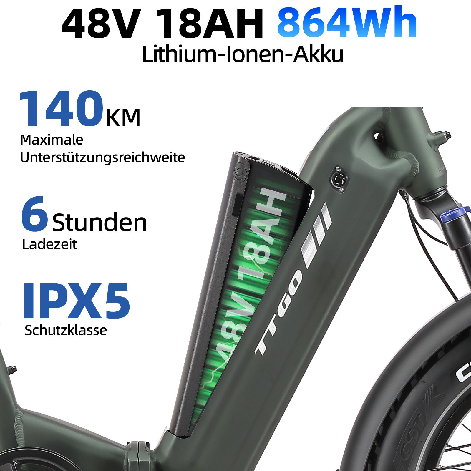 TTGO E-Bike Klapprad 20 Zoll, 4,0'' Fatbike-Reifen, 70Nm, Lockout-Federgabel, Faltrad, 7 Gang SHIMANO, Kettenschaltung, Heckmotor, 864 Wh, 140km, Drehmomentsens – Bild 5 von 5