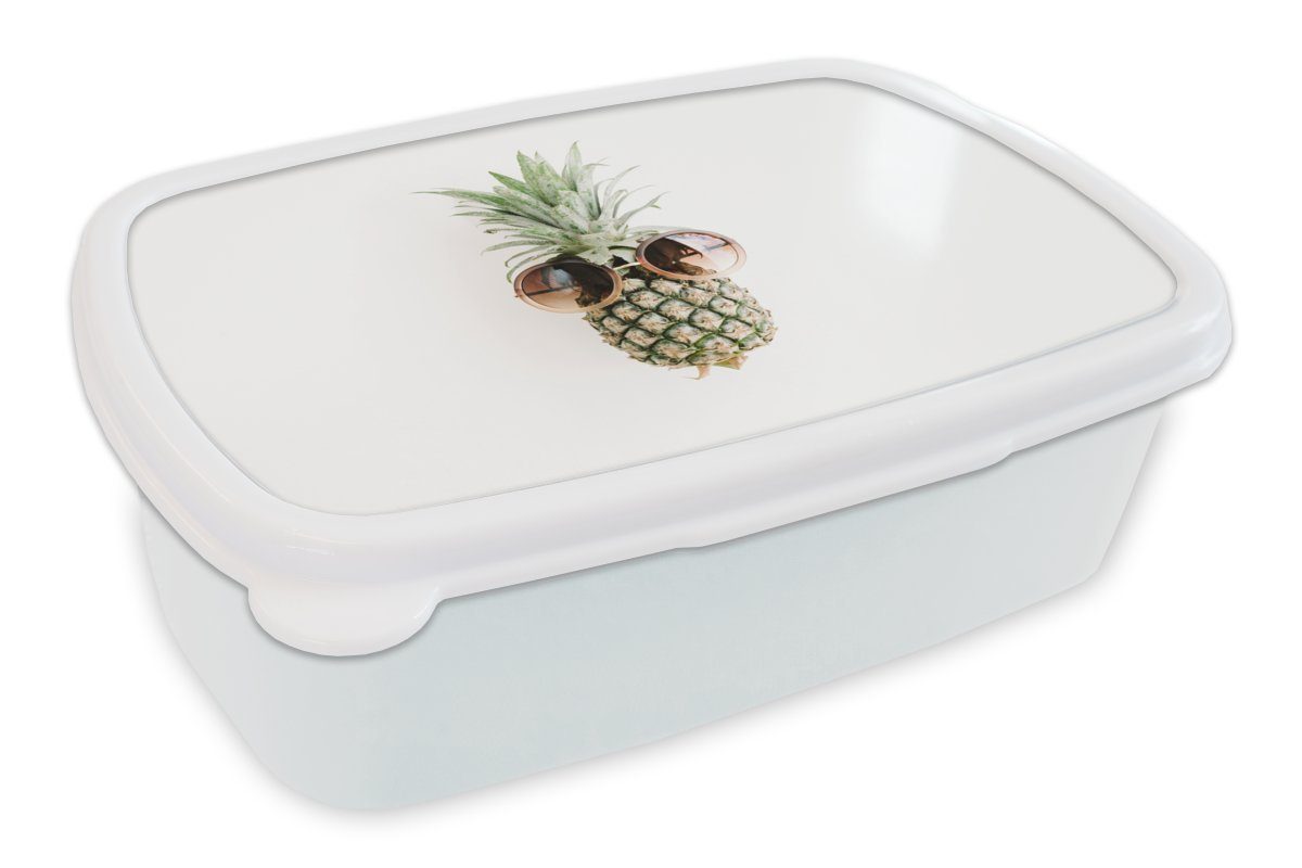 MuchoWow Lunchbox Ananas - Sonnenbrille - Tropisch, Kunststoff, (2-tlg), Brotbox für Kinder und Erwachsene, Brotdose, für Jungs und Mädchen weiß