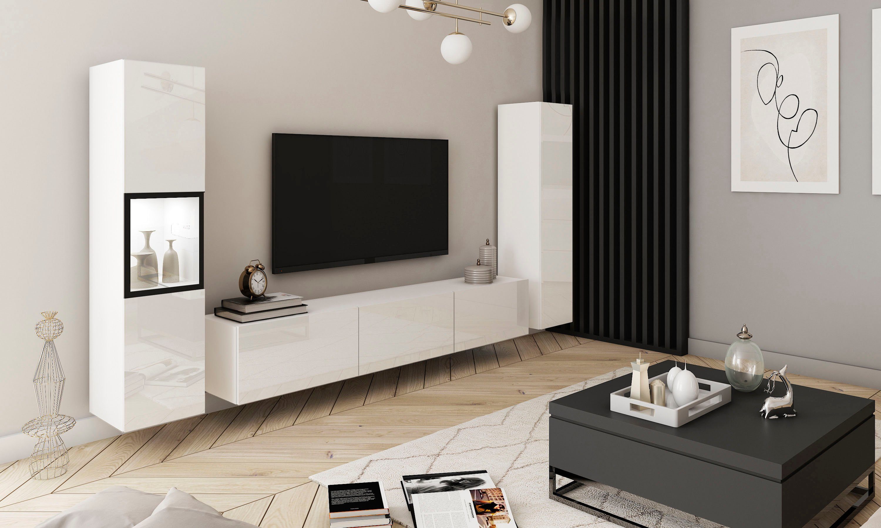 Home affaire Wohnwand BERLIN III, Vitrine Türschlag links/rechts wechselbar, (Komplett-Set, 3-St), moderne grifflose Mediawand Breite 260 cm, Vitrine mit Verglasung