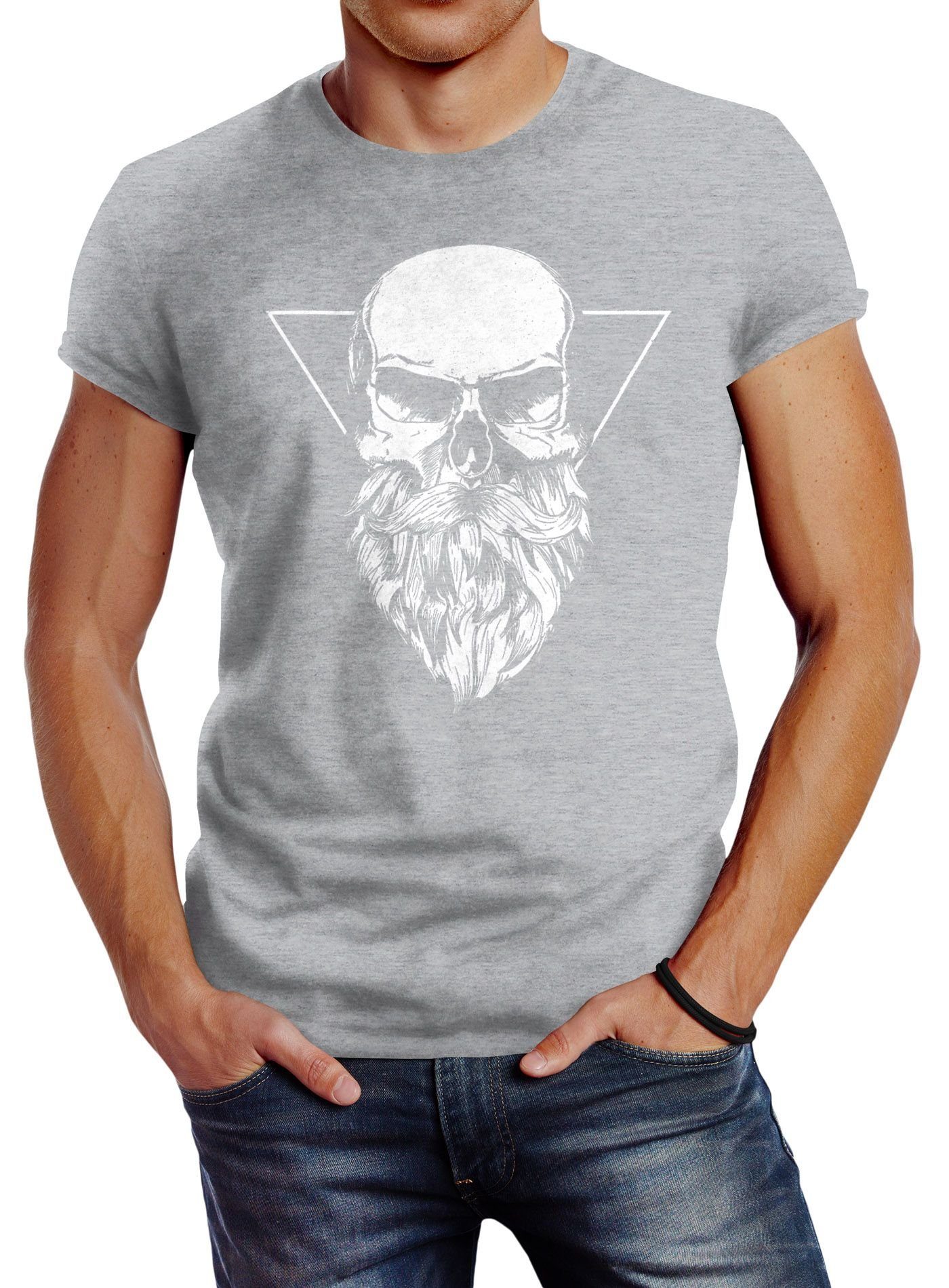 Print mit Bart Neverless® mit Fit Print-Shirt Totenkopf grau Herren Slim Neverless Triangle T-Shirt