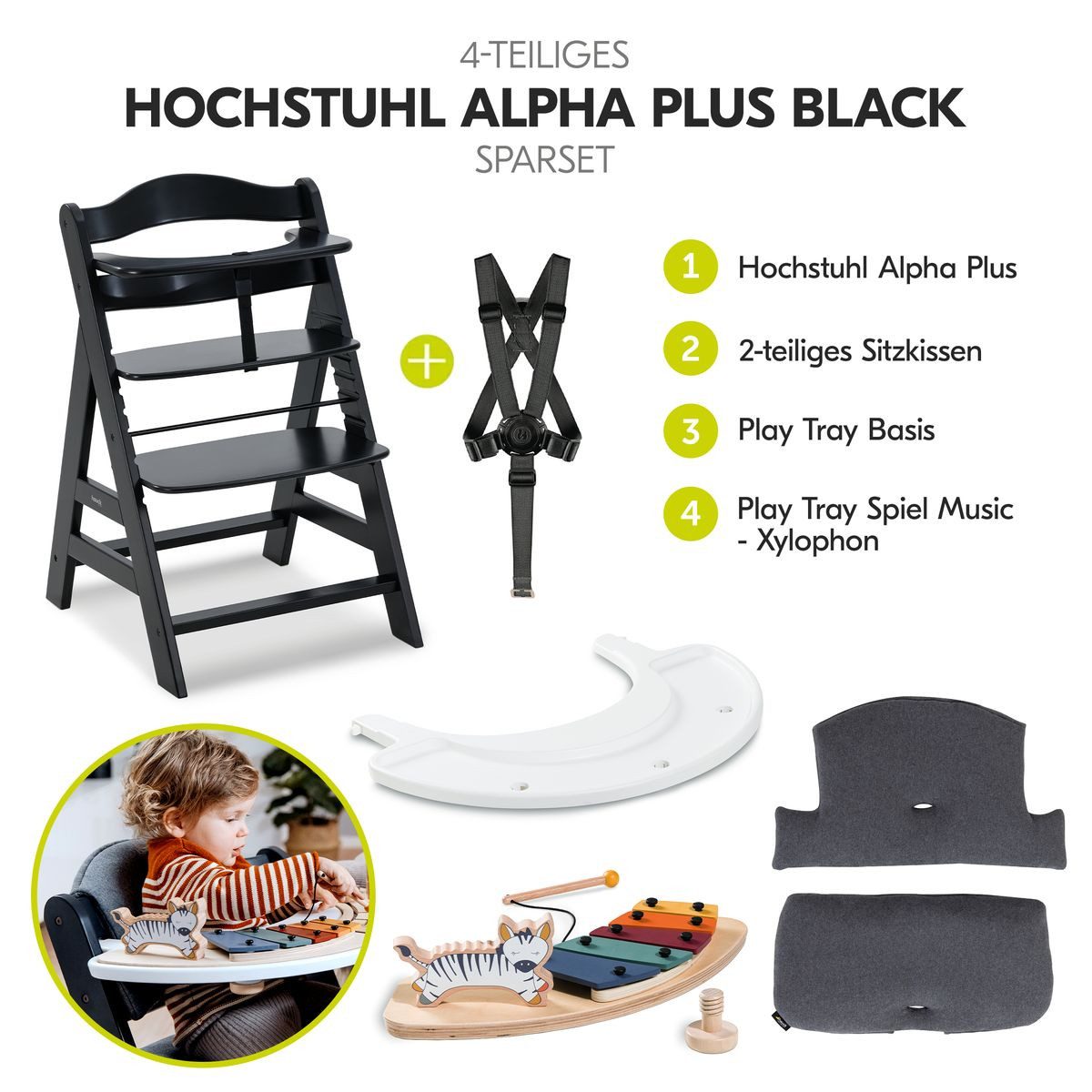 Hauck Hochstuhl Alpha Plus Black (Set), Baby Kinderhochstuhl mit Sitzauflage & Play Tray Basis - mitwachsend