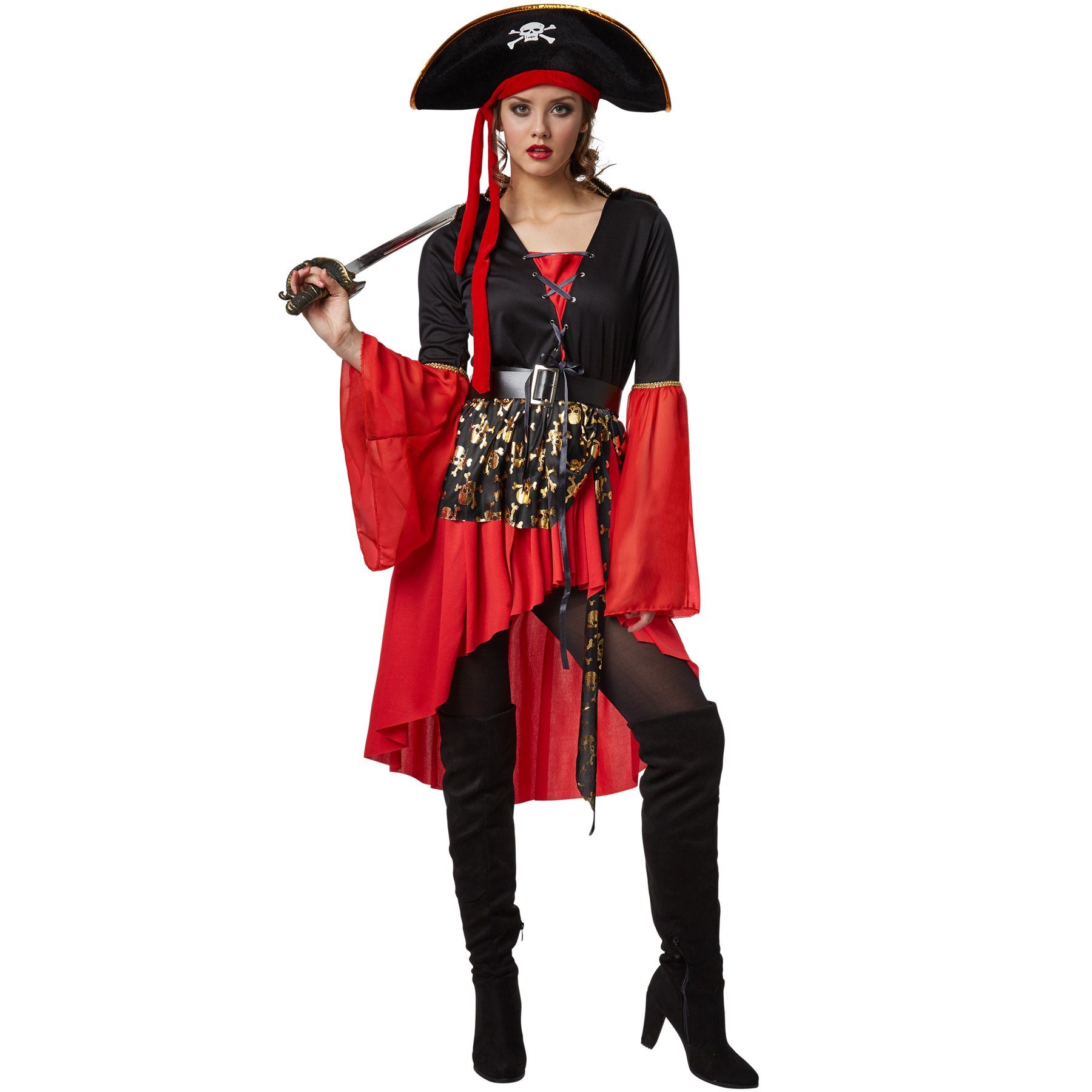 dressforfun Piraten-Kostüm Frauenkostüm Piratenkönigin, Kleid im Vokuhila-Stil mit abgesetztem Totenkopfmuster
