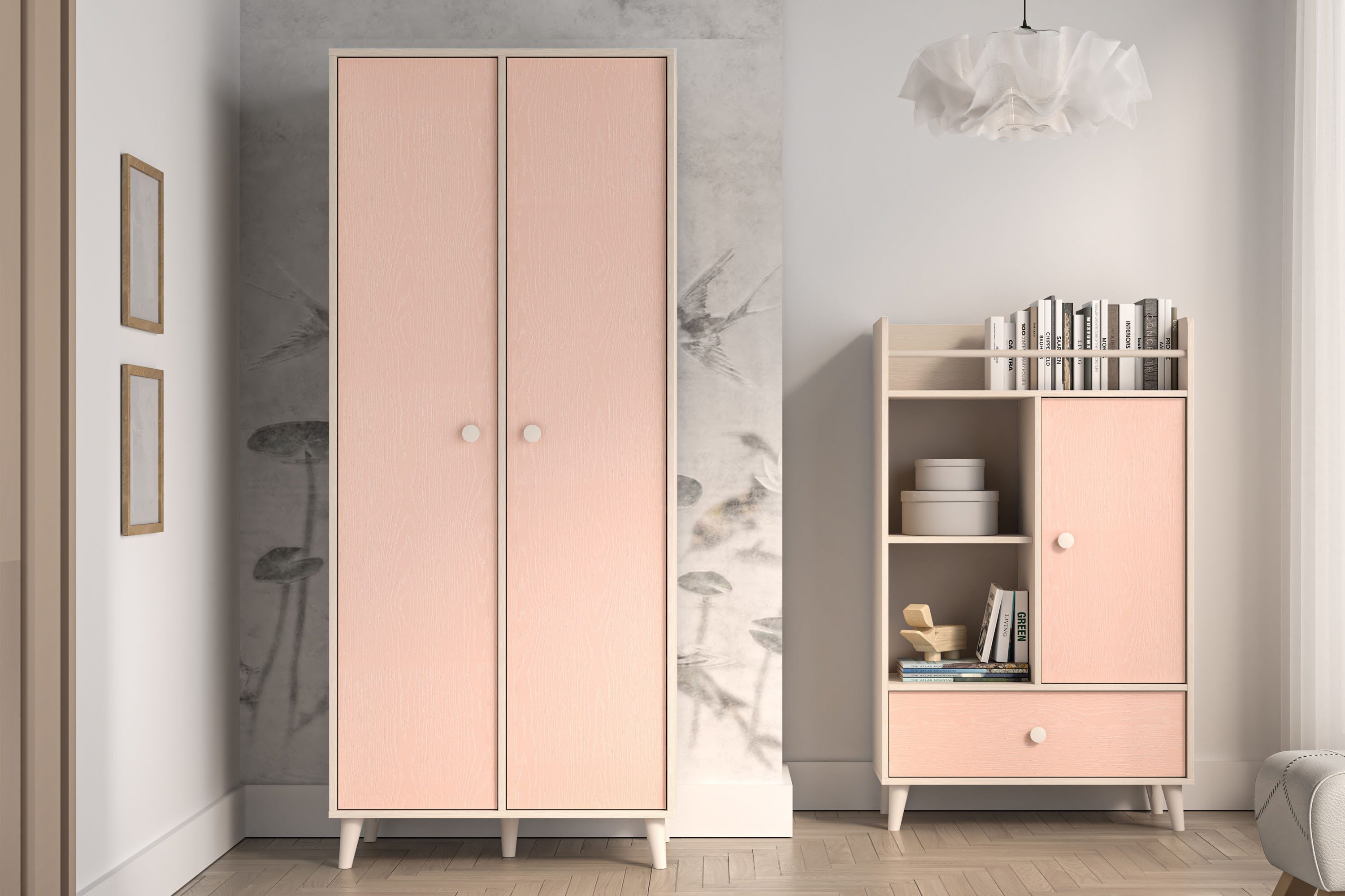 KONSIMO® Kinderkleiderschrank PUNGI Schrank, Kleiderschrank, hergestellt in der EU Einlegeböden, Kleiderstangen, sanft schließend, Kugelgriffe