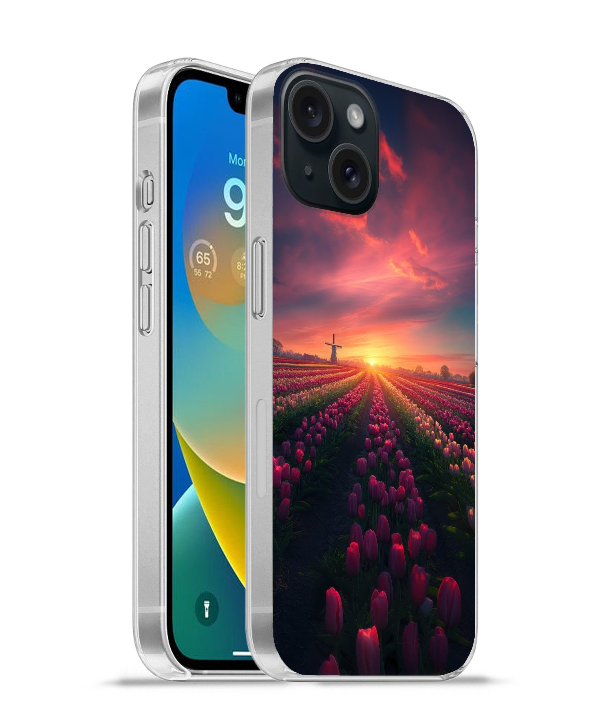 MuchoWow Handyhülle für Apple iPhone 15 Windmühle - Sonnenuntergang - Landschaft, Smartphone-Bumper, Print, Handy Schutzhülle Dünn