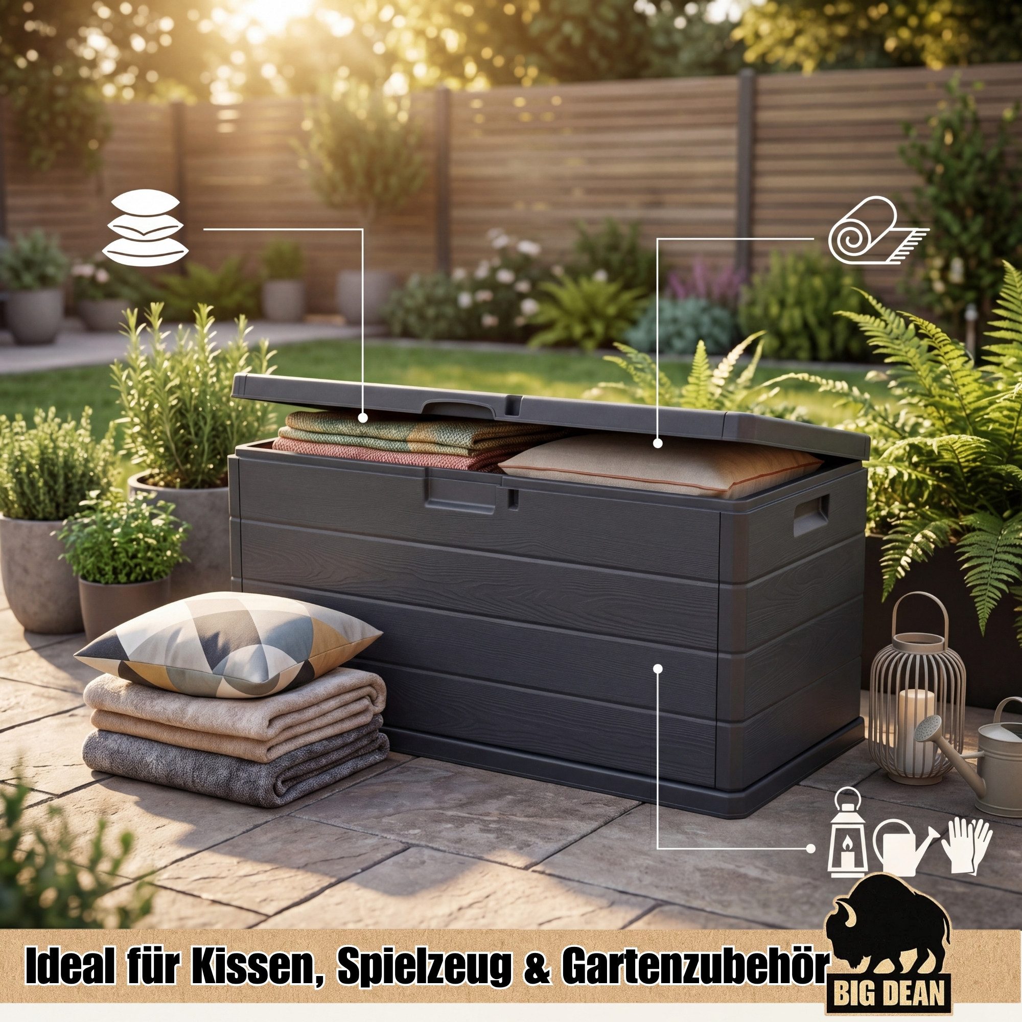 BigDean Auflagenbox Kissenbox Klicksystem 340 Liter Deckel abschließbar Stabil (Packung, 1 St., Gartenbox), Viel Strauraum, Wetterfest, UV-Beständig, Stabil, Abschließbar.