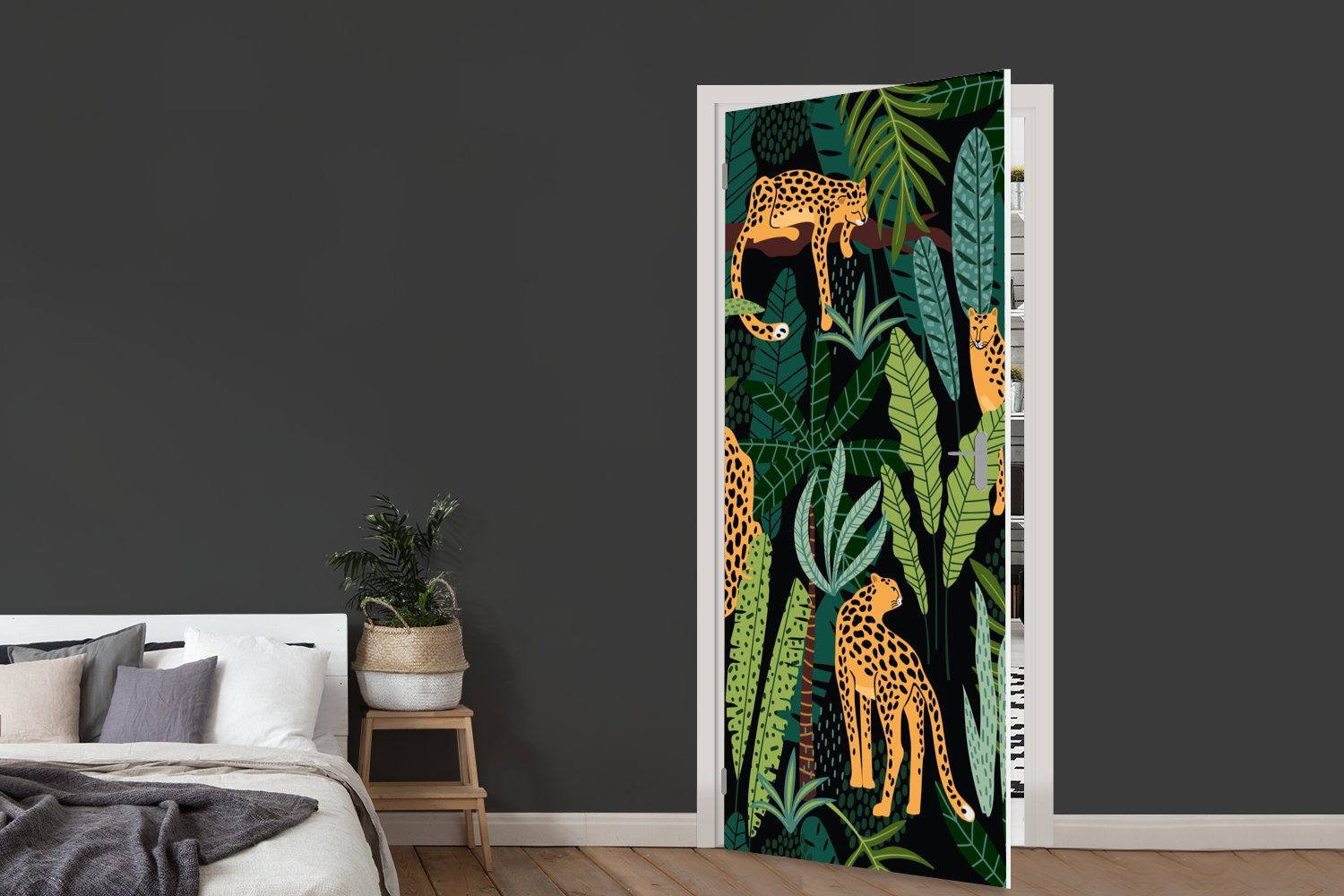 - - - bedruckt, Tür, Jungen Dschungel Muster für Fototapete St), cm Panther Türtapete - MuchoWow - Türaufkleber, 75x205 (1 Matt, Pflanzen, Mädchen