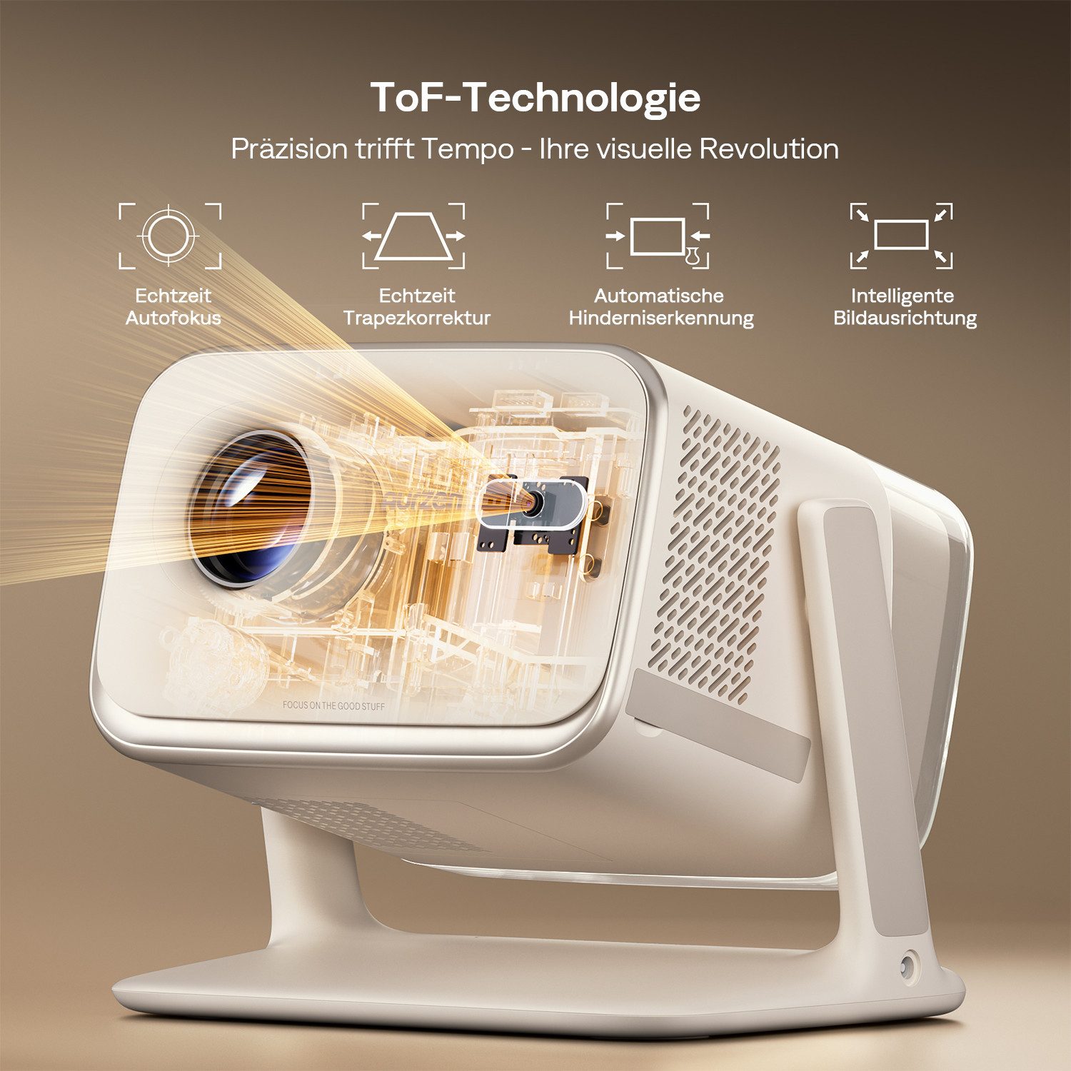 Aurzen BOOM Mini Smart Projektor mit Google TV, 4K Unterstützt Beamer (1000:1, Native 1920x1080 px, 500 ANSI lm, 20W Dolby Audio, Echtzeit-Autofokus und Trapezkorrektur)