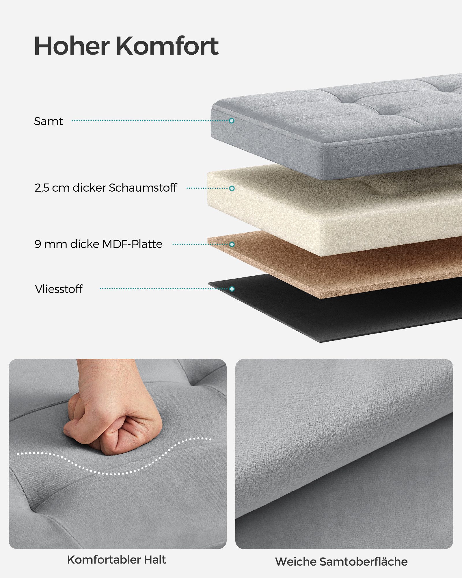 SONGMICS Sitzhocker Aufbewahrungshocker, Samtige, klappbare Sitztruhe (76/110 cm) mit 2 extra Boxen