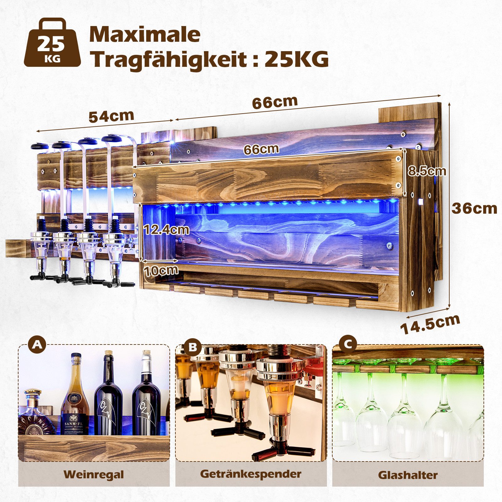 Yorbay Weinregal Weinregal aus Holz, Wandbar mit 4 Getränkespender Wandmont günstig online kaufen
