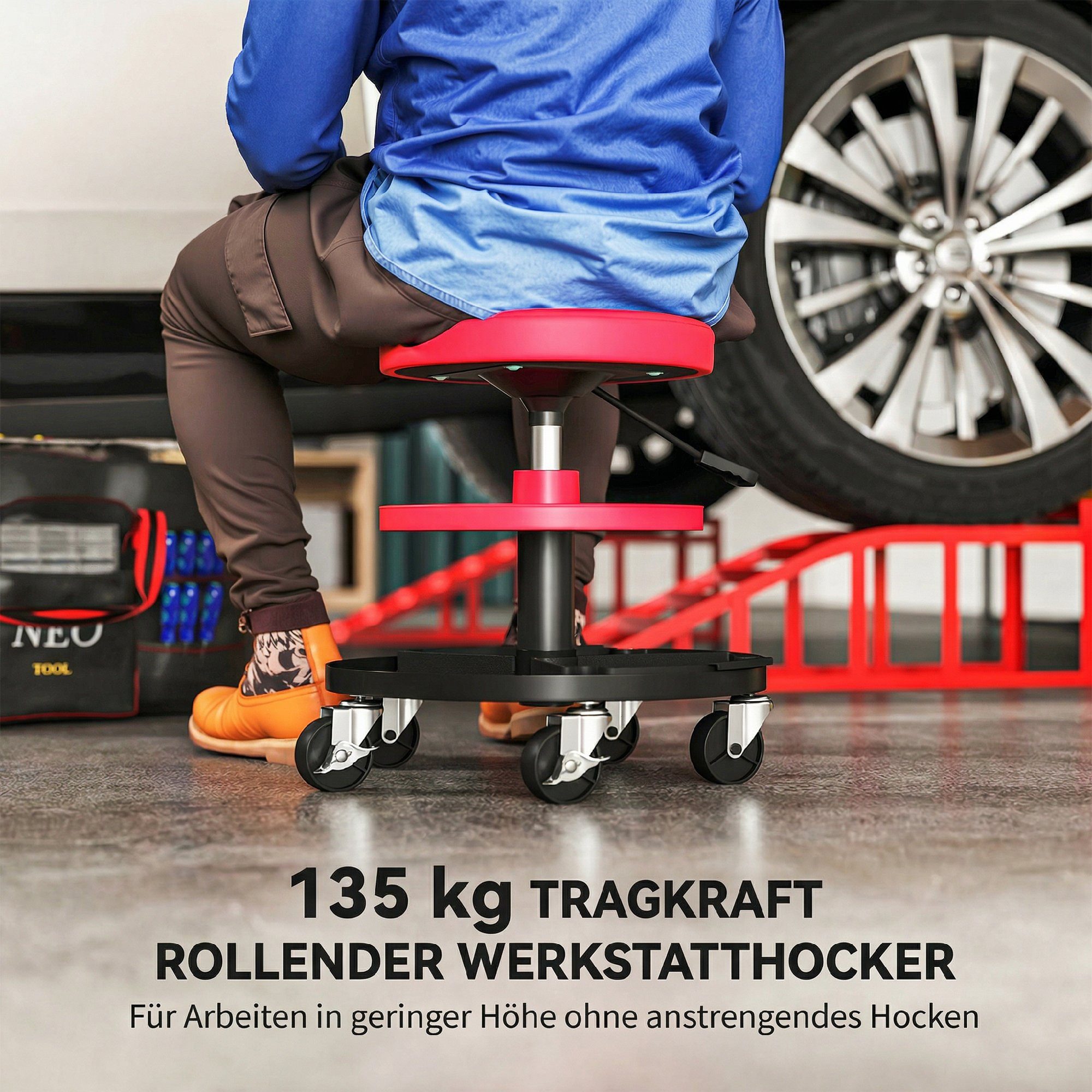 HOMCOM Montagehocker Arbeitshocker mit Rollen Tabletts drehbar Rollsitz Drehhocker (rollbarer Werkstatthocker, 1 St., höhenverstellbar 40-51cm Rollhocker), bis  – Bild 4 von 5