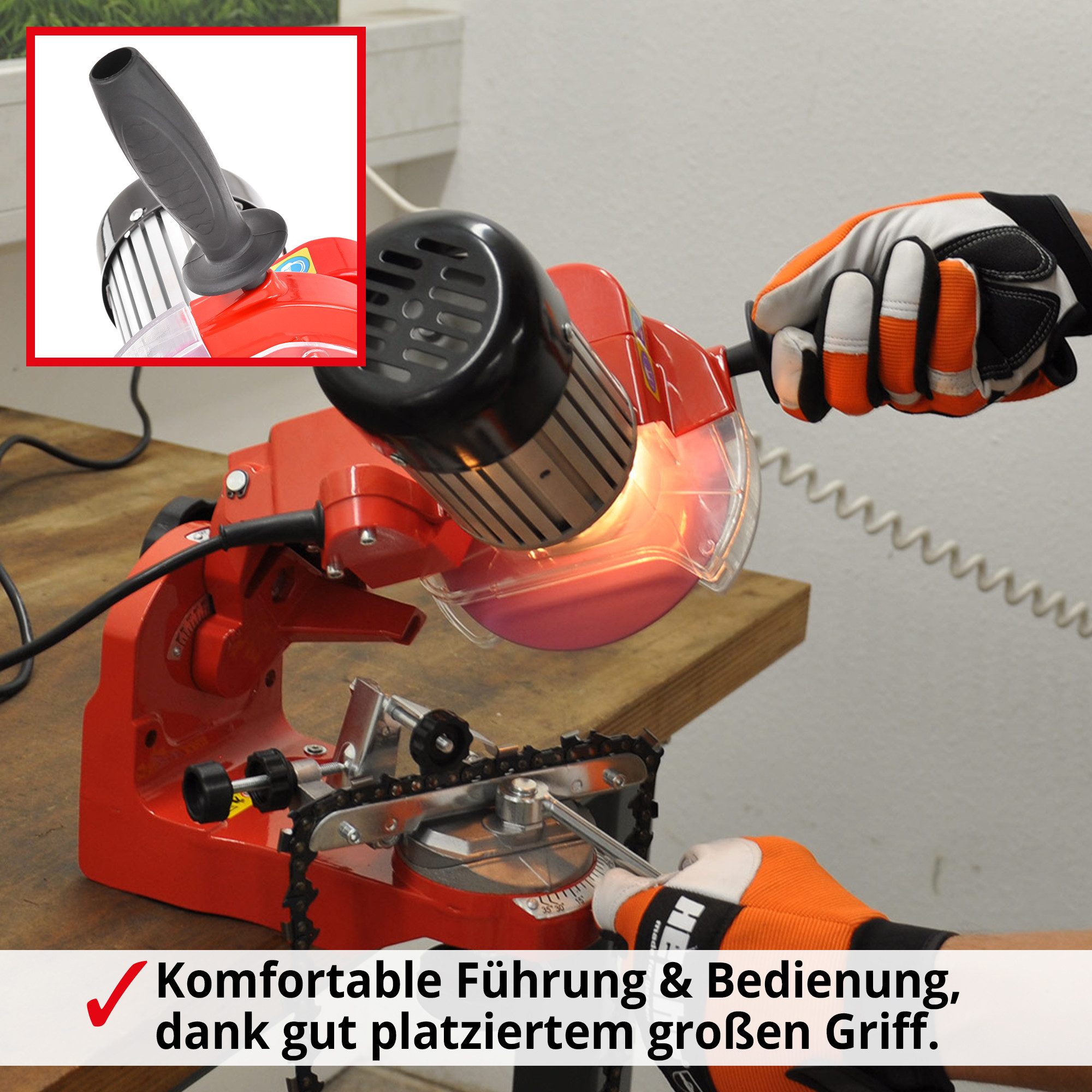 Hecht Sägekettenschärfgerät 9230 inklusive 2 Schleifscheiben, für Alle gängigen Sägeketten, 230 W, Tiefenbegrenzer, 145 mm ⌀