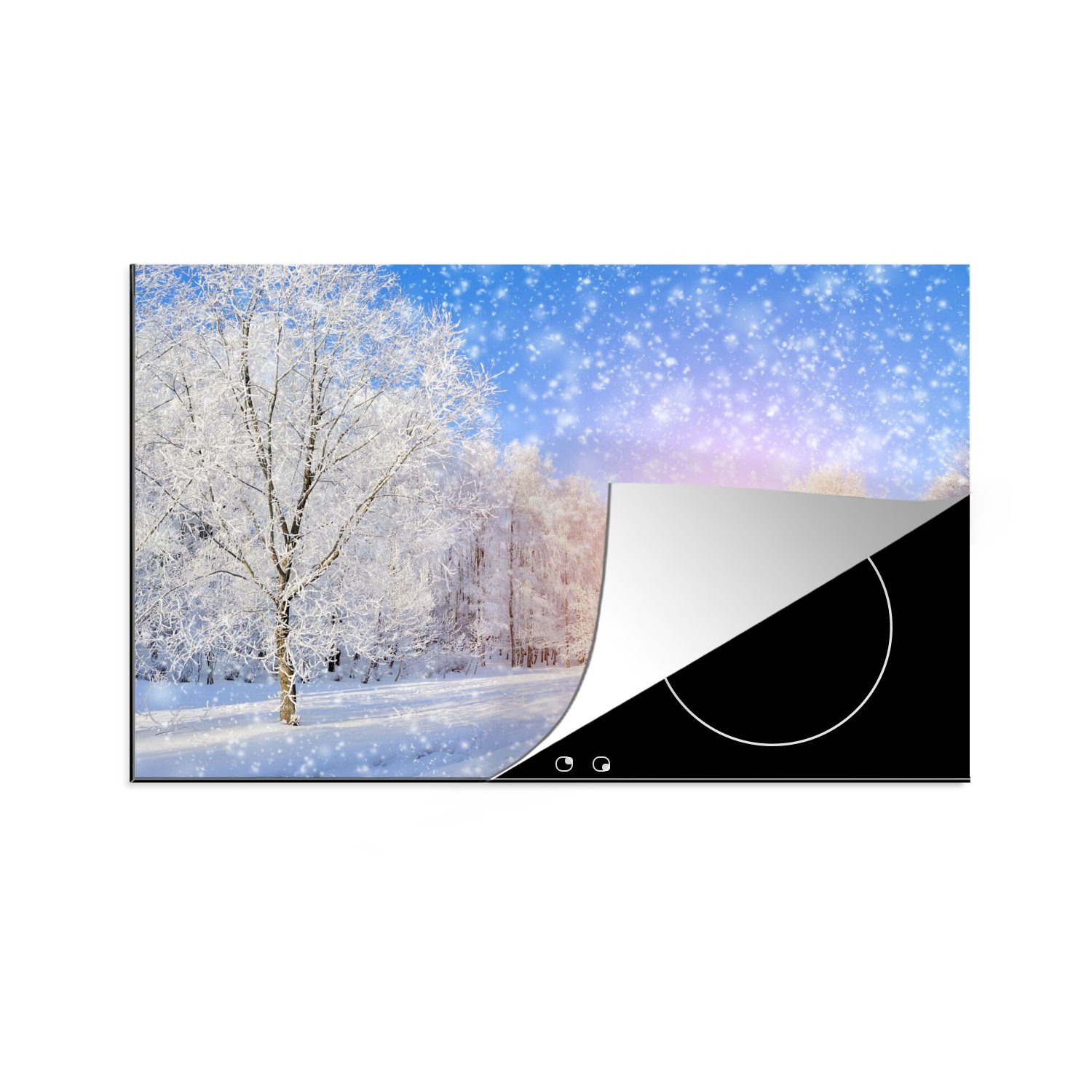 MuchoWow Herdblende-/Abdeckplatte Schnee - Sonne - Winter, Vinyl, (1 tlg), 80x52 cm, Induktionskochfeld Schutz für die küche, Ceranfeldabdeckung