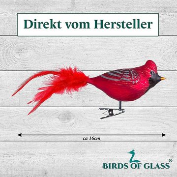 Birds of Glass Christbaumschmuck Glasvogel roter Kardinal mit Naturfeder, mundgeblasen, handdekoriert, aus eigener Herstellung