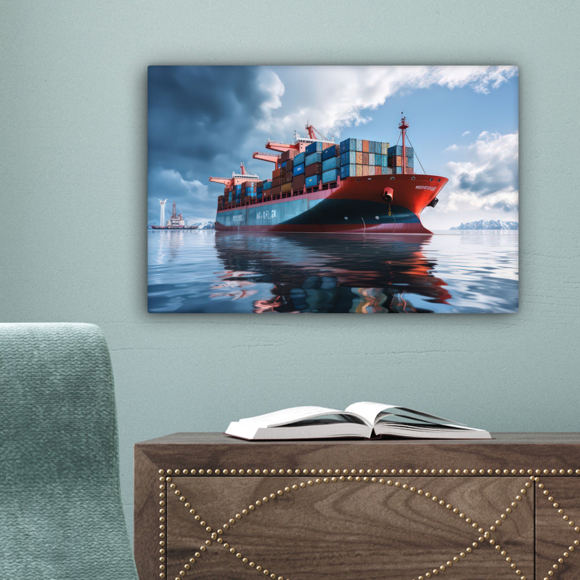 OneMillionCanvasses® Leinwandbild Meer 30x20 - cm Wanddeko, Boot St), (1 - - Frachtschiff - Hafen, Leinwandbilder, Container Aufhängefertig, Wandbild