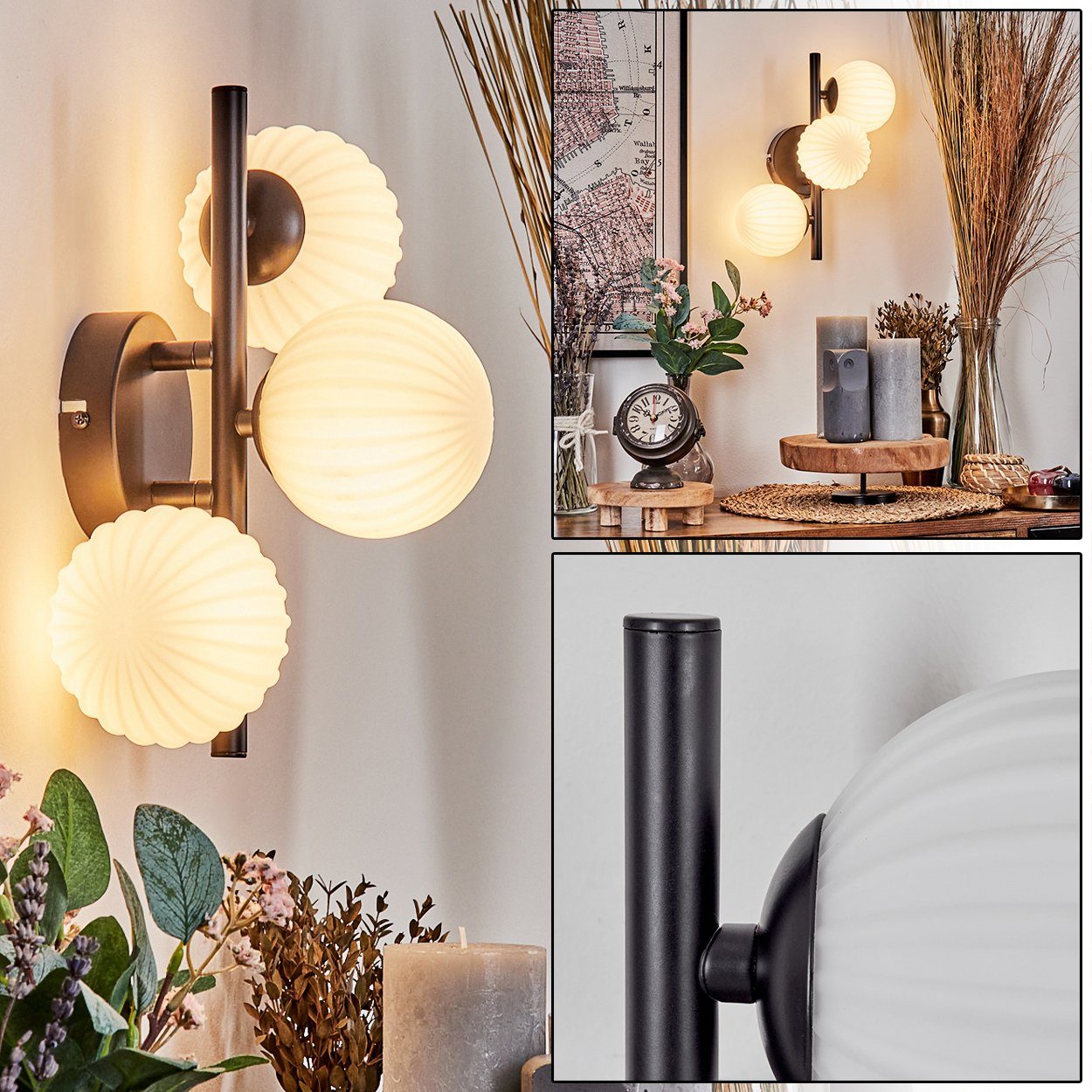 hofstein Wandleuchte Wandlampe aus Metall/Riffelglas in Schwarz/Weiß, ohne Leuchtmittel, Leuchte mit Glasschirmen, An/-Auschalter, 3xG9, ohne Leuchtmittel