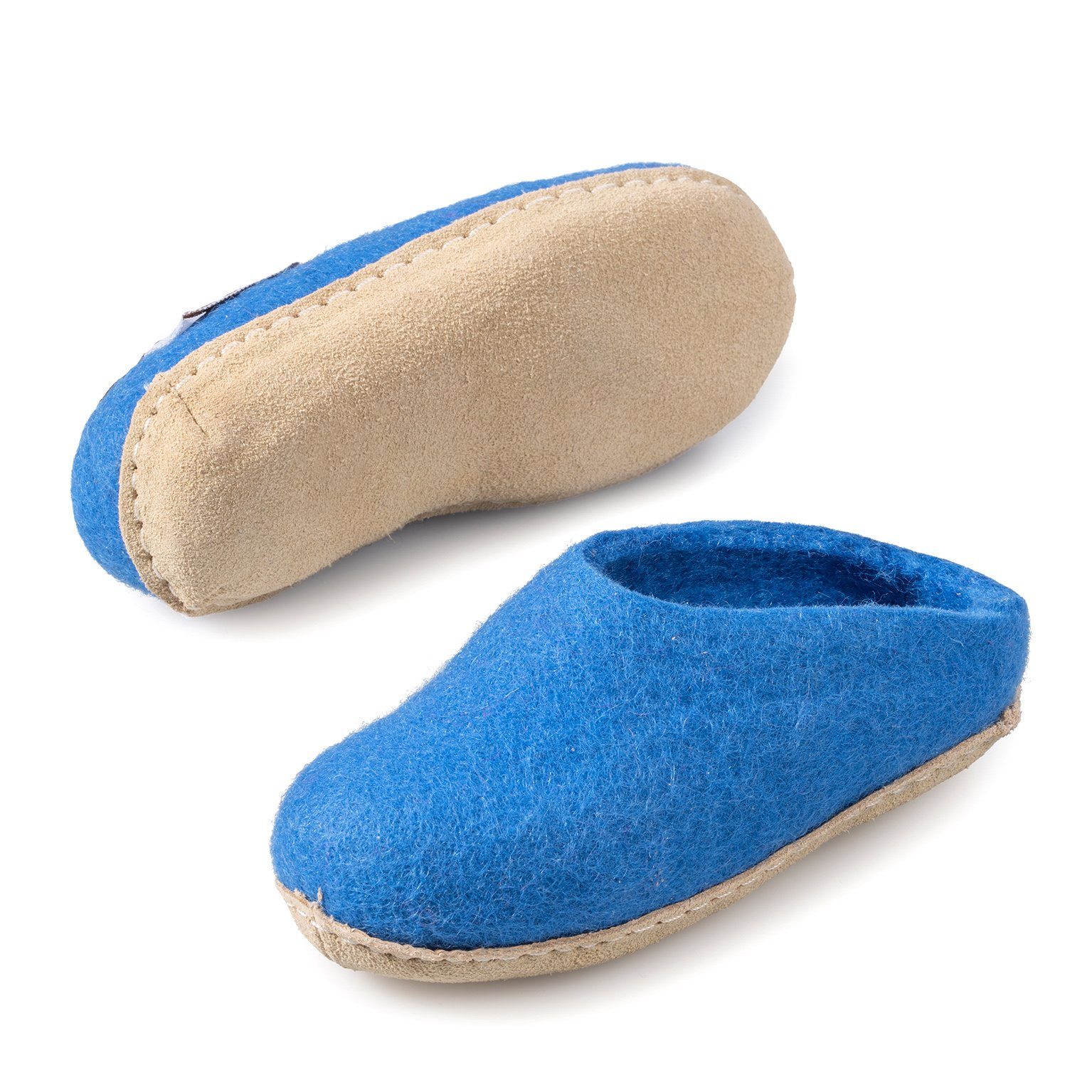 Filz Kinder Hausschuh leiser) Pantoffeln Blau Ledersohle (mit naturling